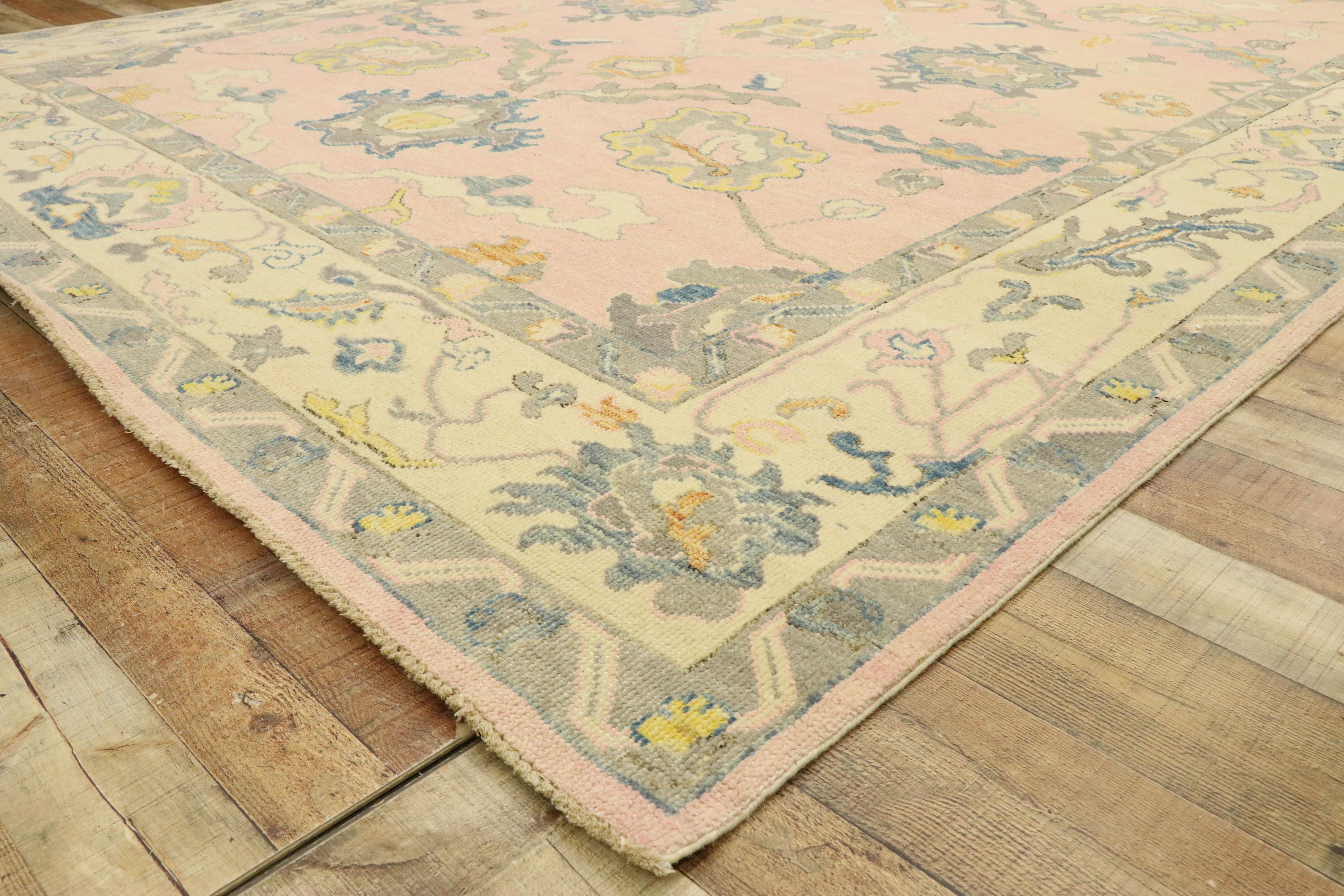 Wool New Contemporary Colorful Pink Oushak Rug with Modern Pastel Style For Sale