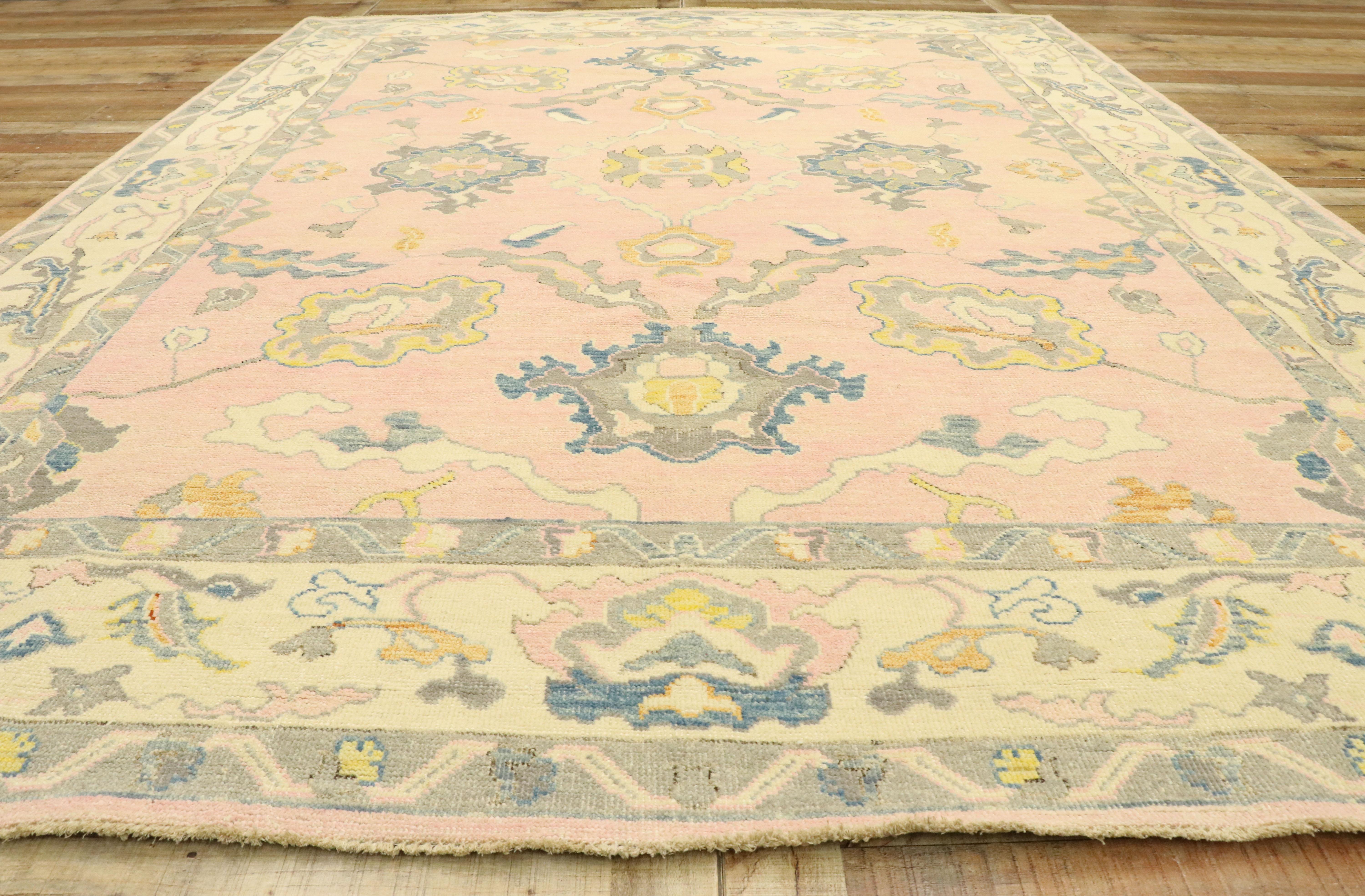 New Contemporary Colorful Pink Oushak Rug with Modern Pastel Style For Sale 1