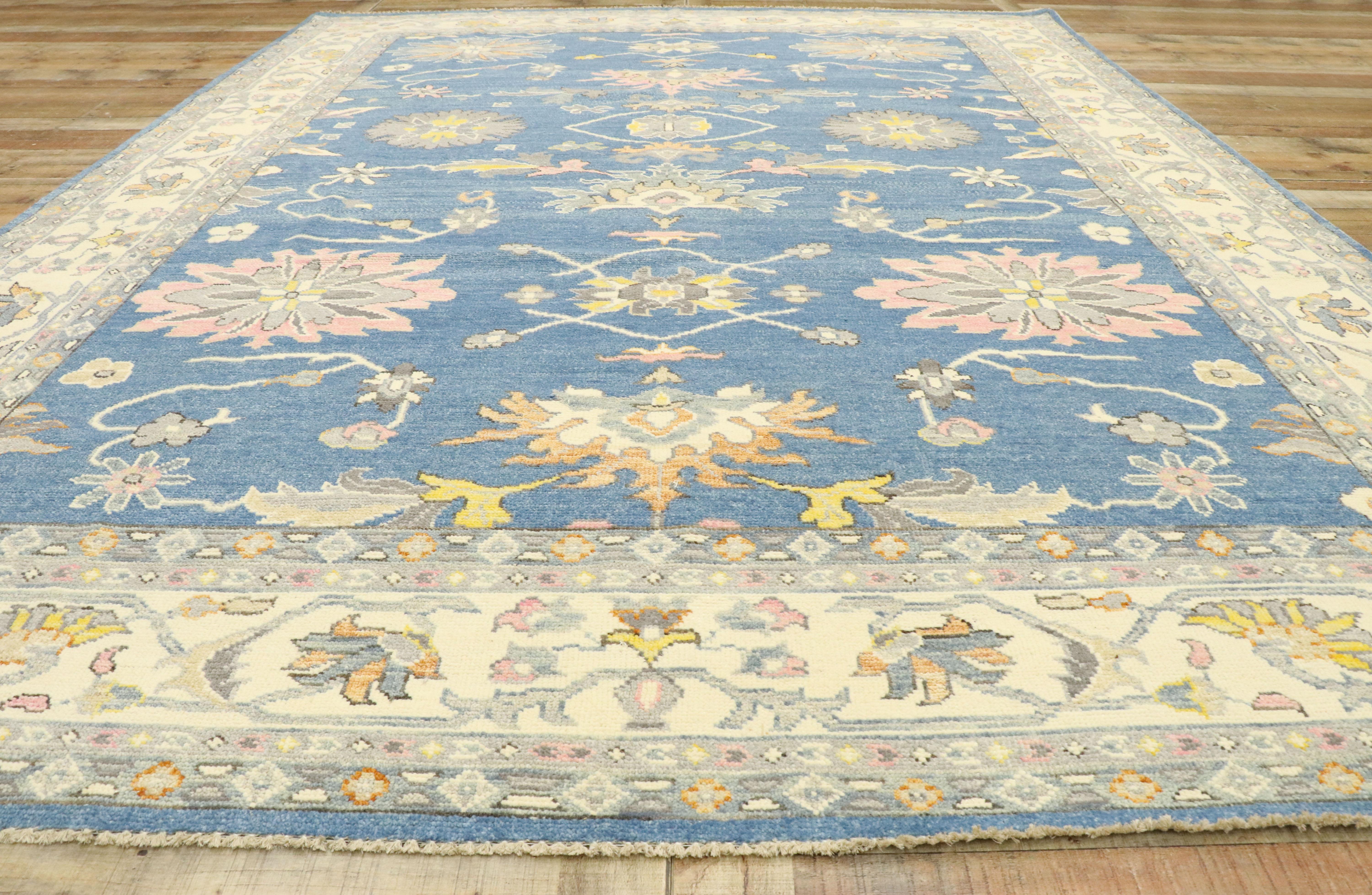 Hand-Knotted New Contemporary Colorful Blue Oushak Rug with Modern Pastel Style For Sale