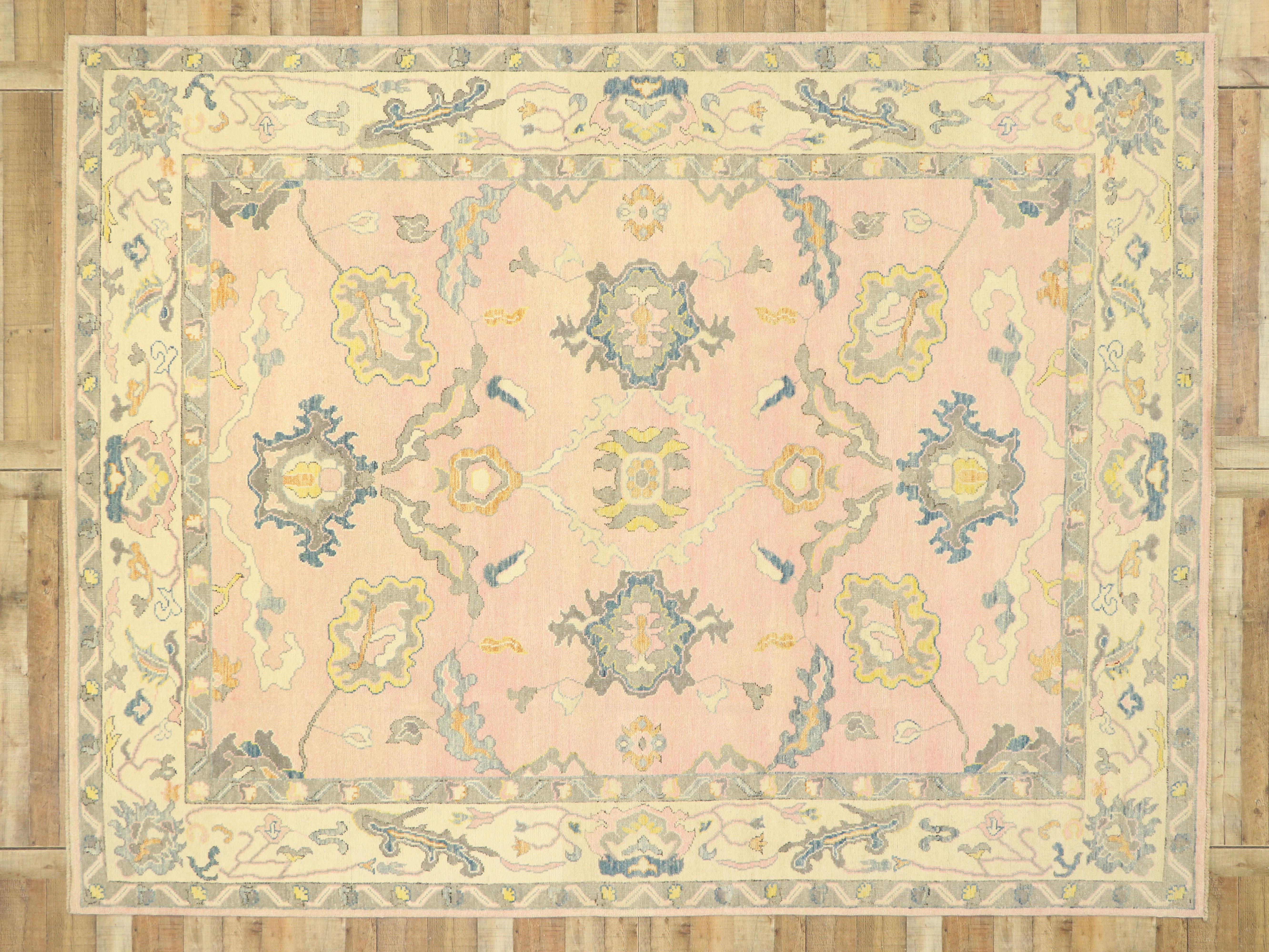 New Contemporary Colorful Pink Oushak Rug with Modern Pastel Style For Sale 2