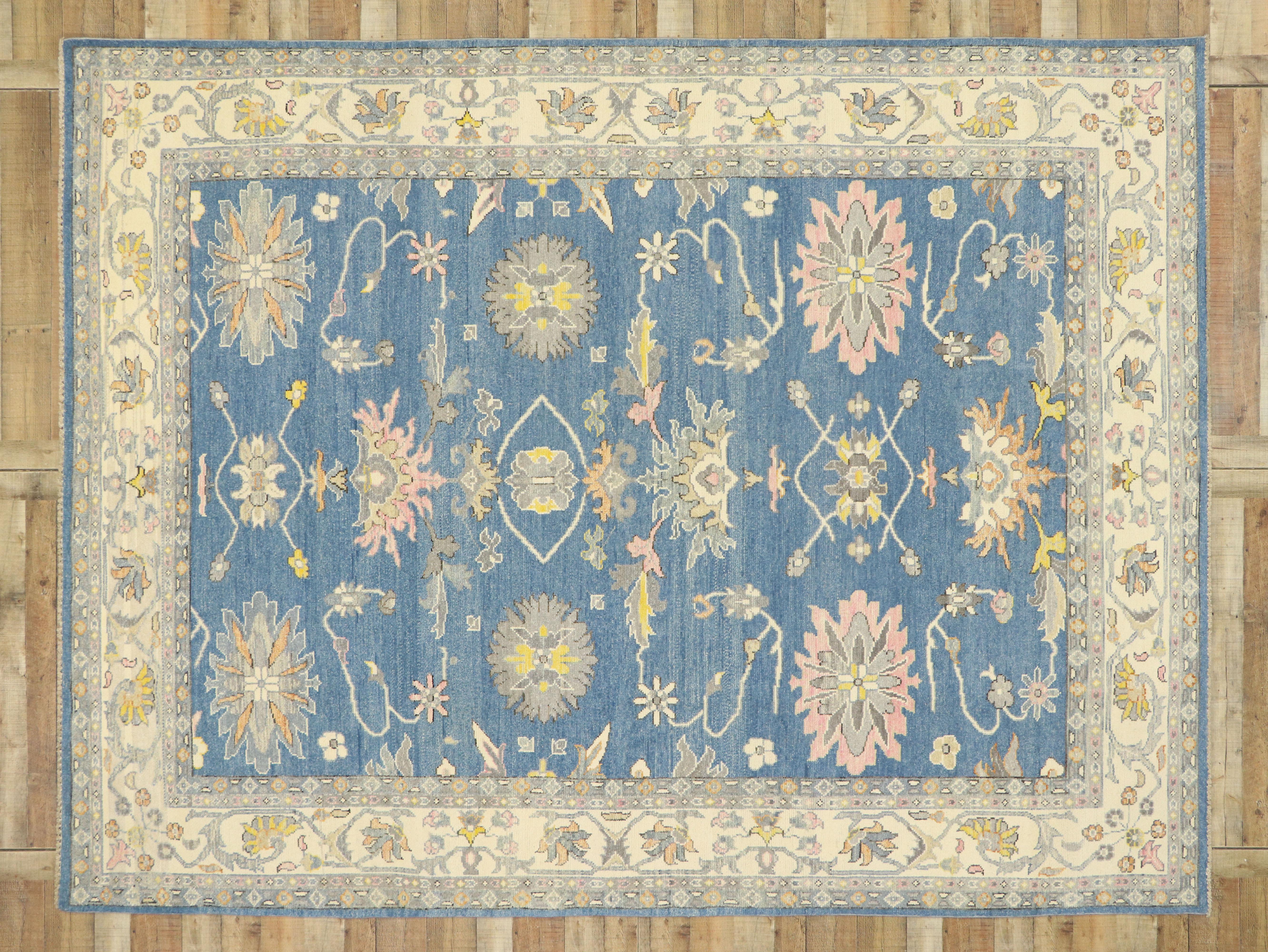 New Contemporary Colorful Blue Oushak Rug with Modern Pastel Style In New Condition For Sale In Dallas, TX