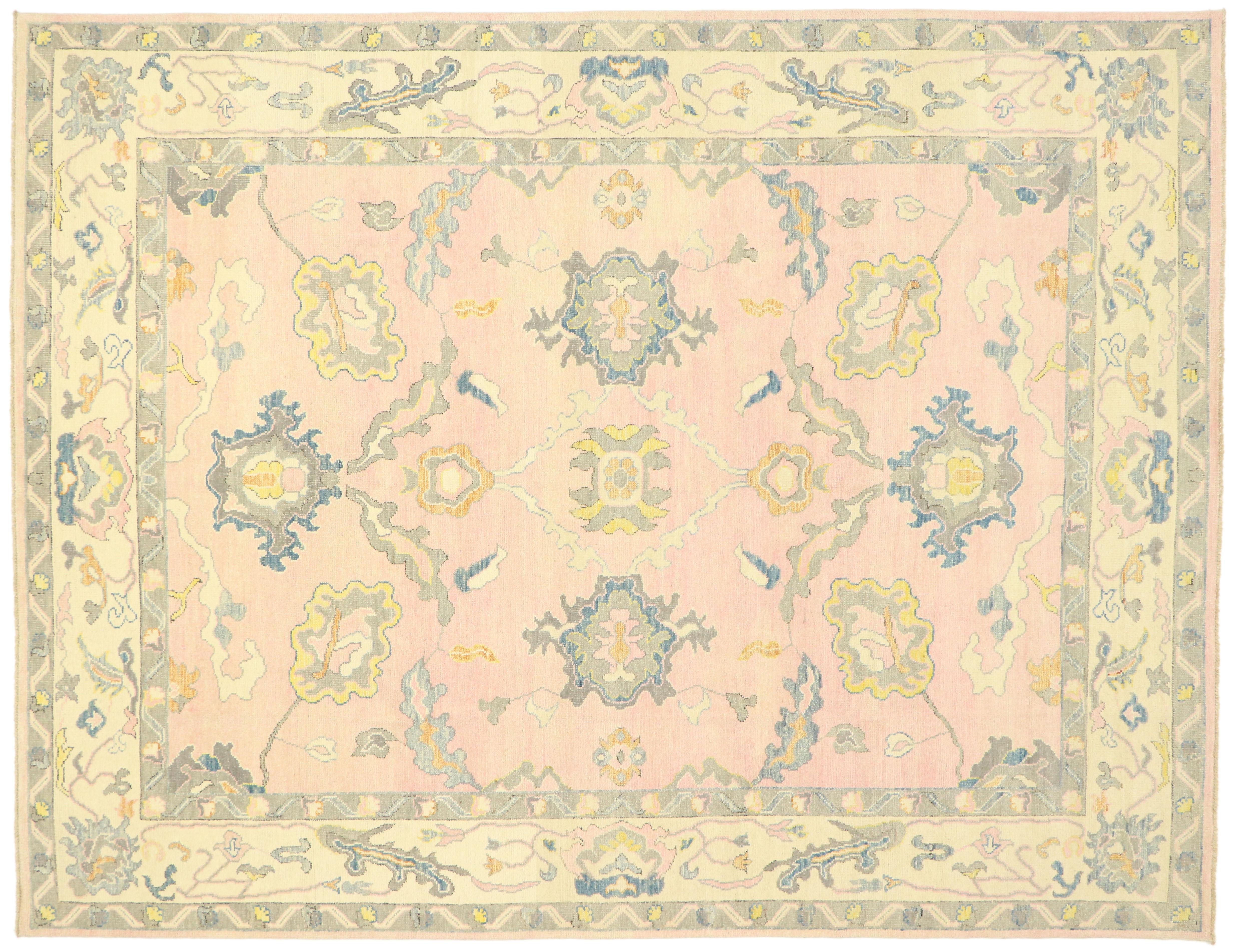 New Contemporary Colorful Pink Oushak Rug with Modern Pastel Style For Sale 3