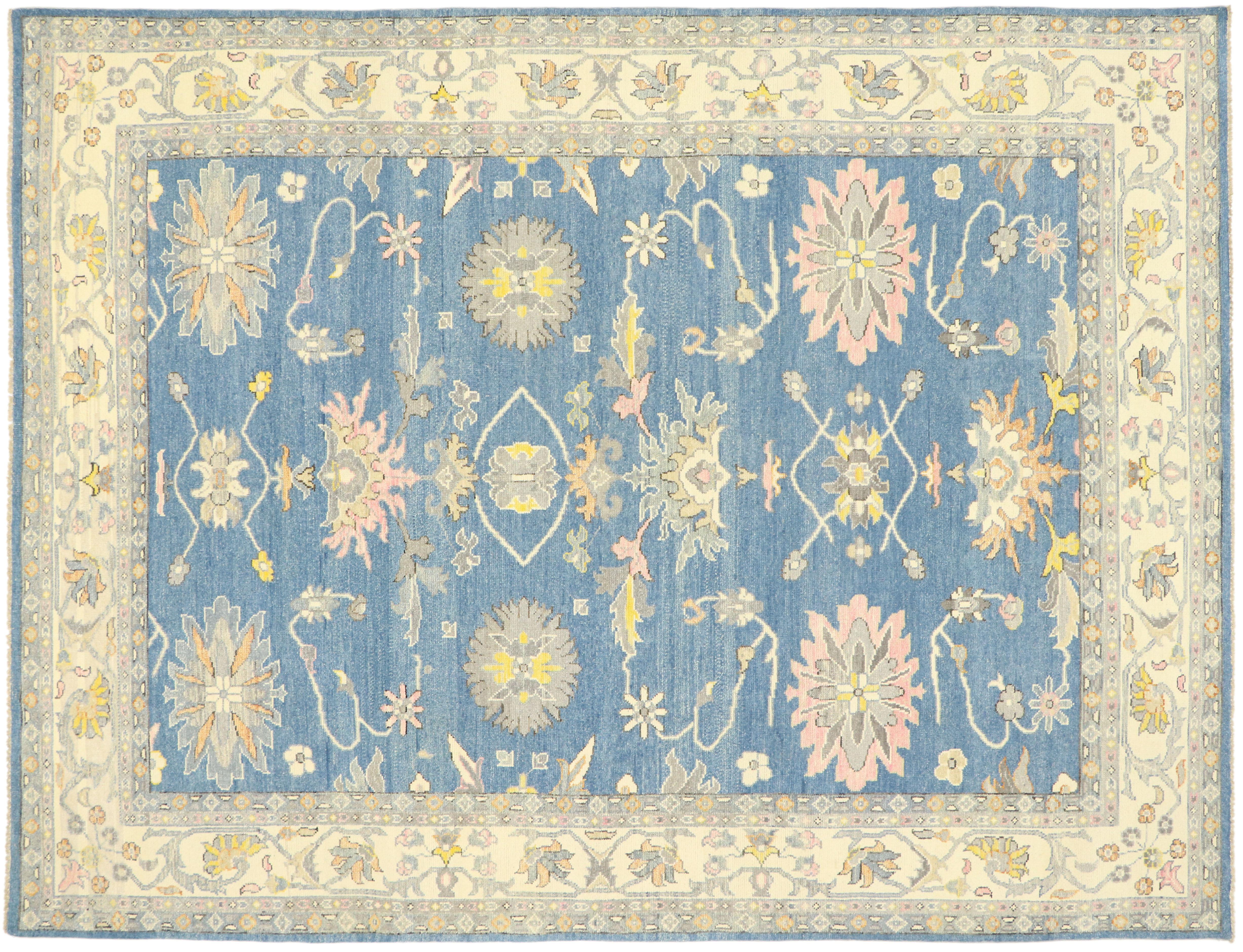 Wool New Contemporary Colorful Blue Oushak Rug with Modern Pastel Style For Sale