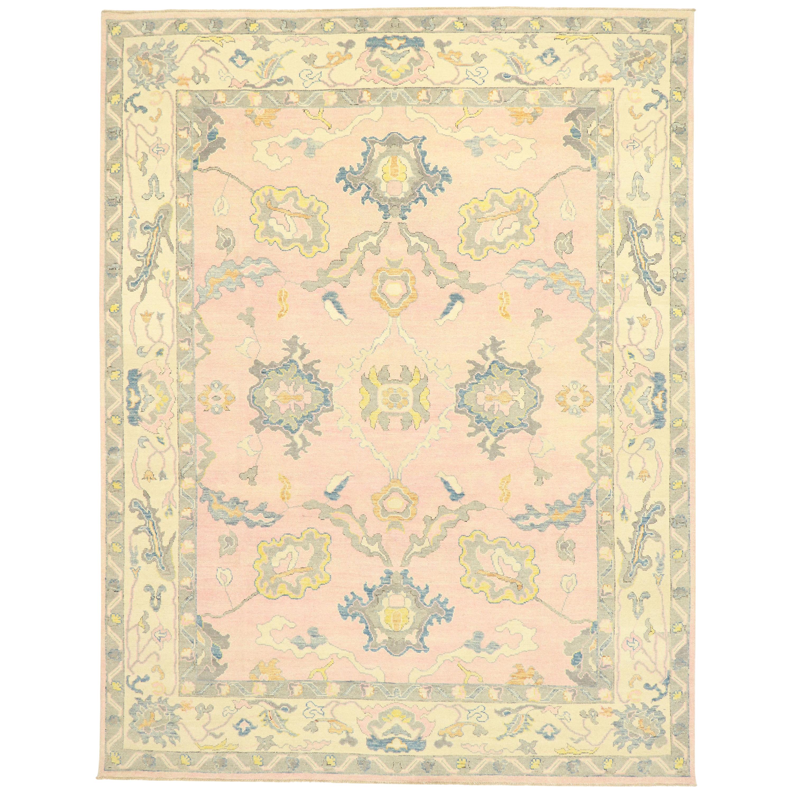 New Contemporary Colorful Pink Oushak Rug with Modern Pastel Style For Sale