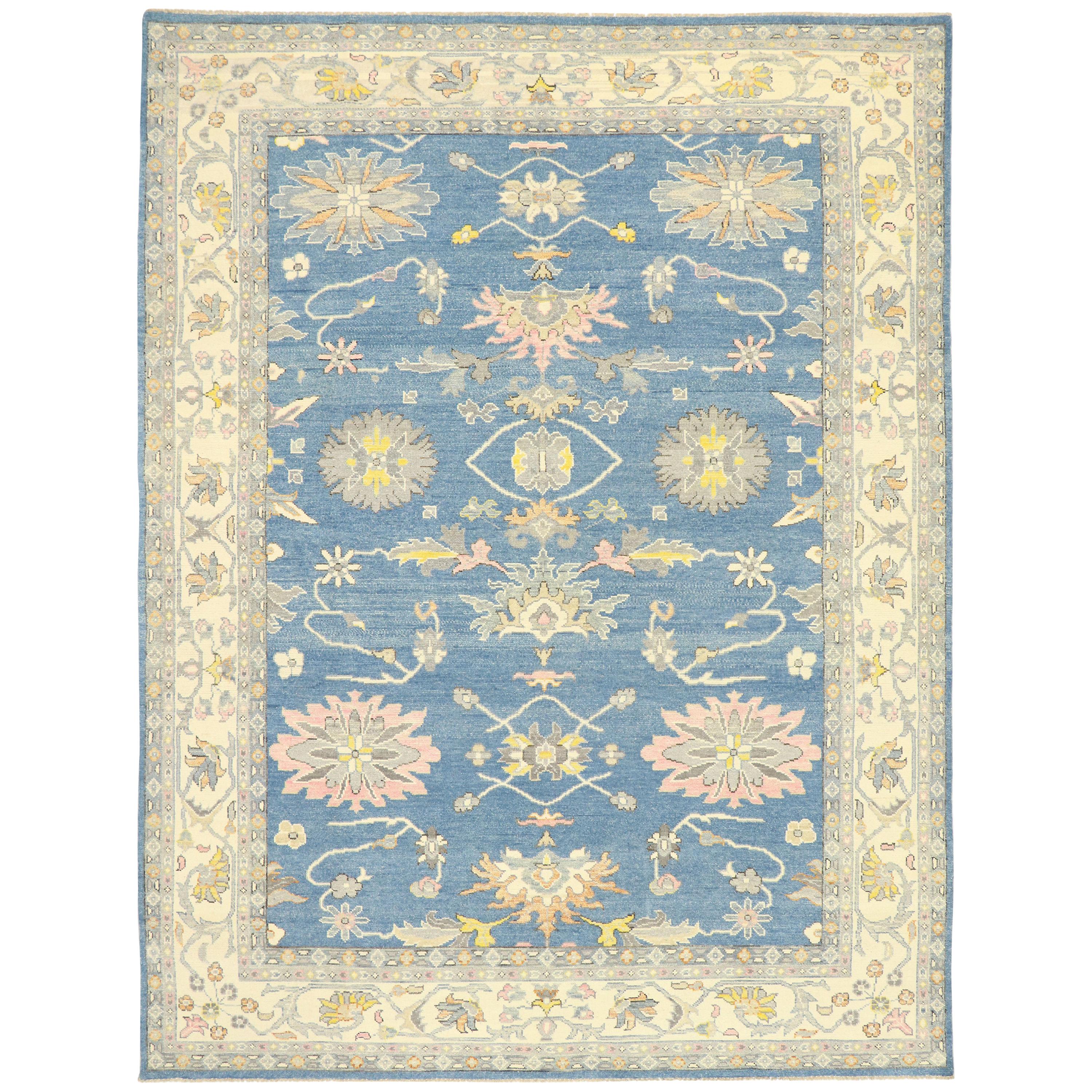 New Contemporary Colorful Blue Oushak Rug with Modern Pastel Style For Sale