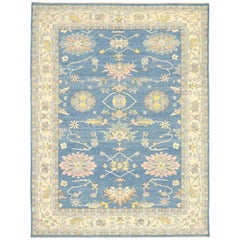 New Contemporary Colorful Blue Oushak Rug with Modern Pastel Style