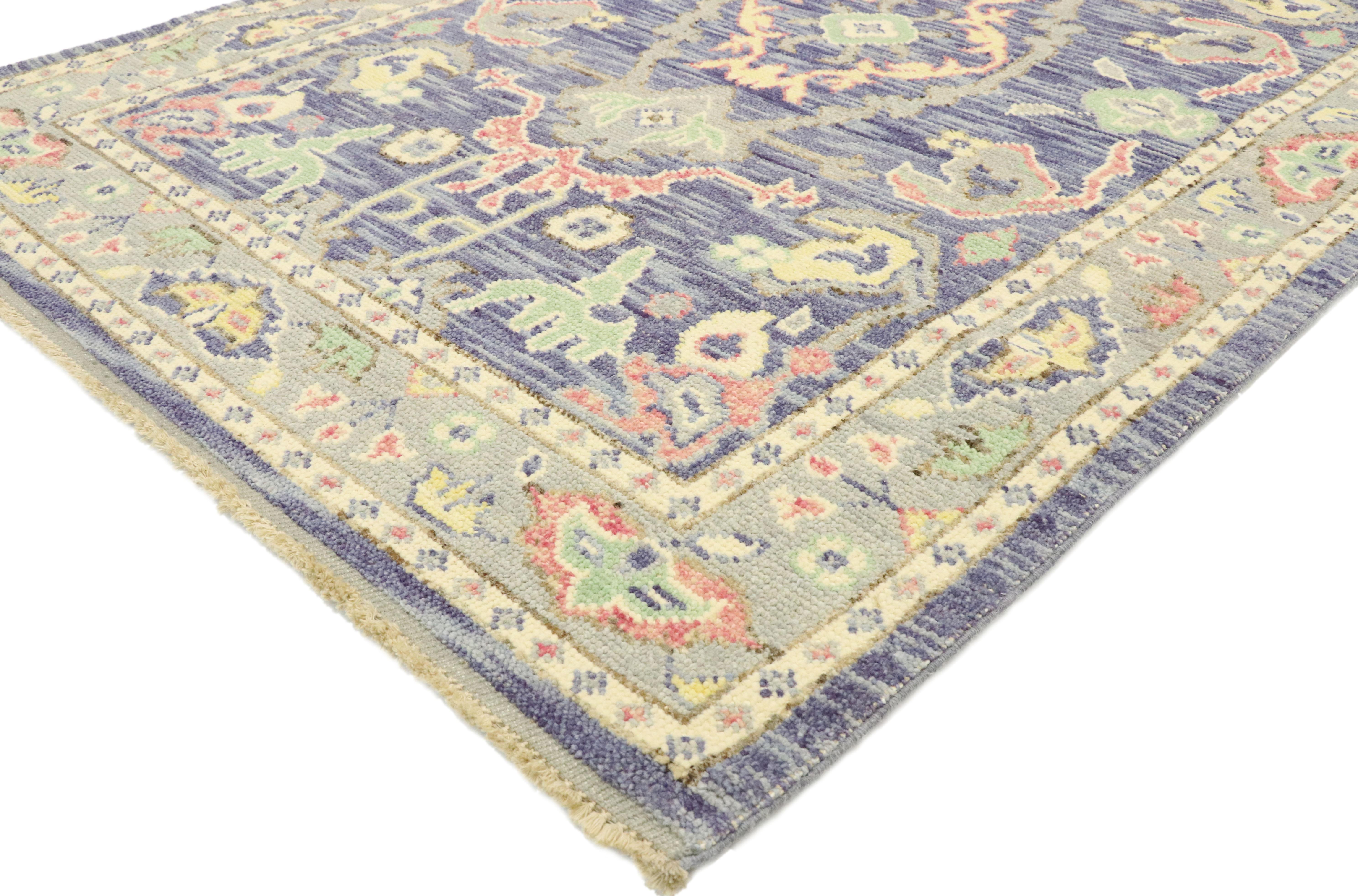 80594, new contemporary colorful purple Oushak rug with modern pastel style. Blending elements from the modern world with happy pastel colors, this hand knotted wool contemporary Oushak style area rug will boost the coziness factor in nearly any