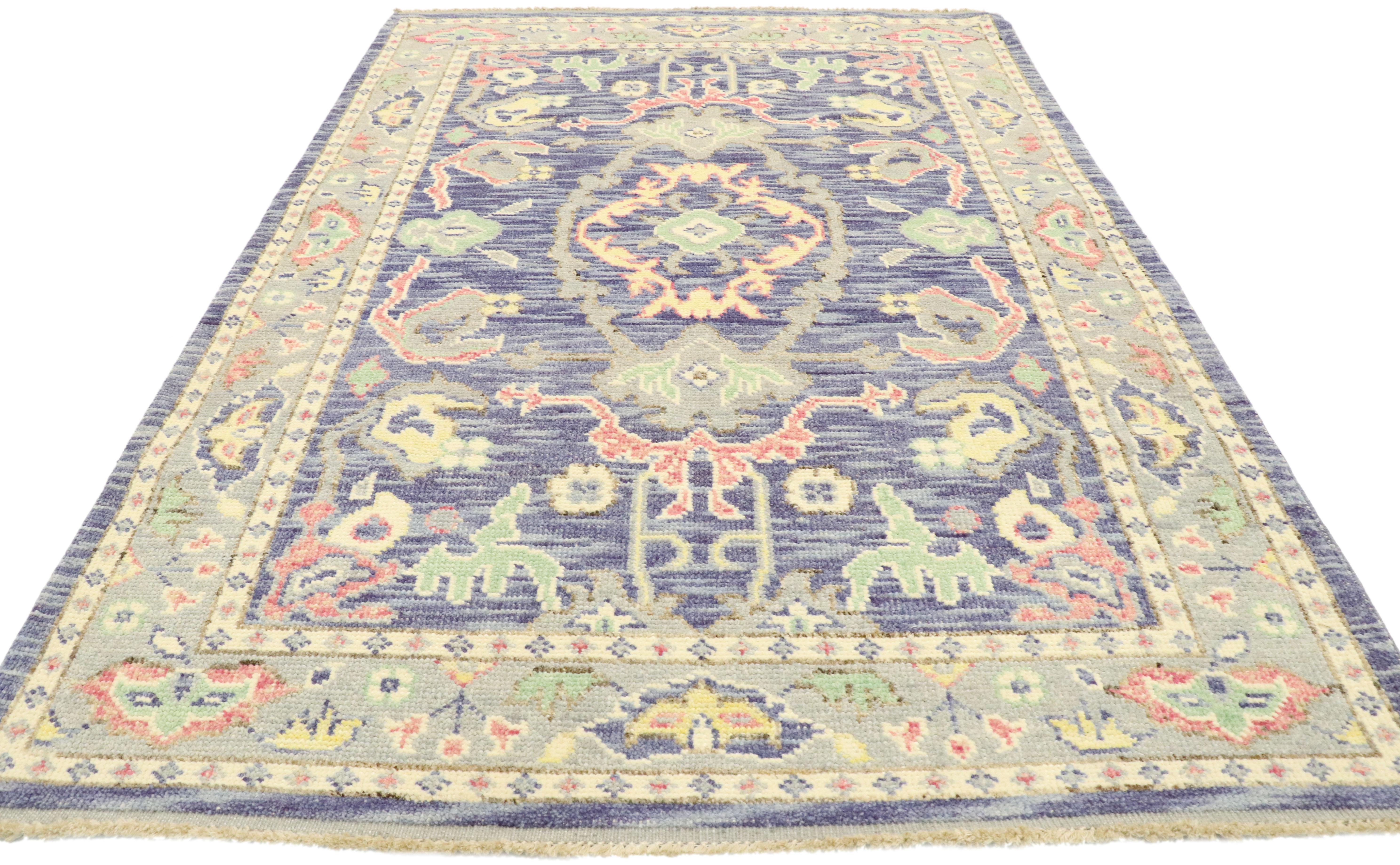 Pakistani New Contemporary Colorful Purple Oushak Rug with Modern Pastel Style For Sale