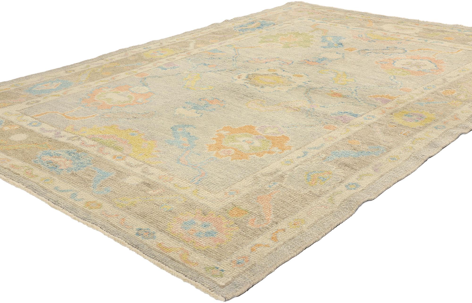 53593 New Colorful Turkish Oushak Rug, 05'02 x 07'04. In this captivating fusion, the cozy allure of Boho Chic intertwines seamlessly with the timeless elegance of Grandmillennial style, embodied within the intricate design of a hand-knotted wool