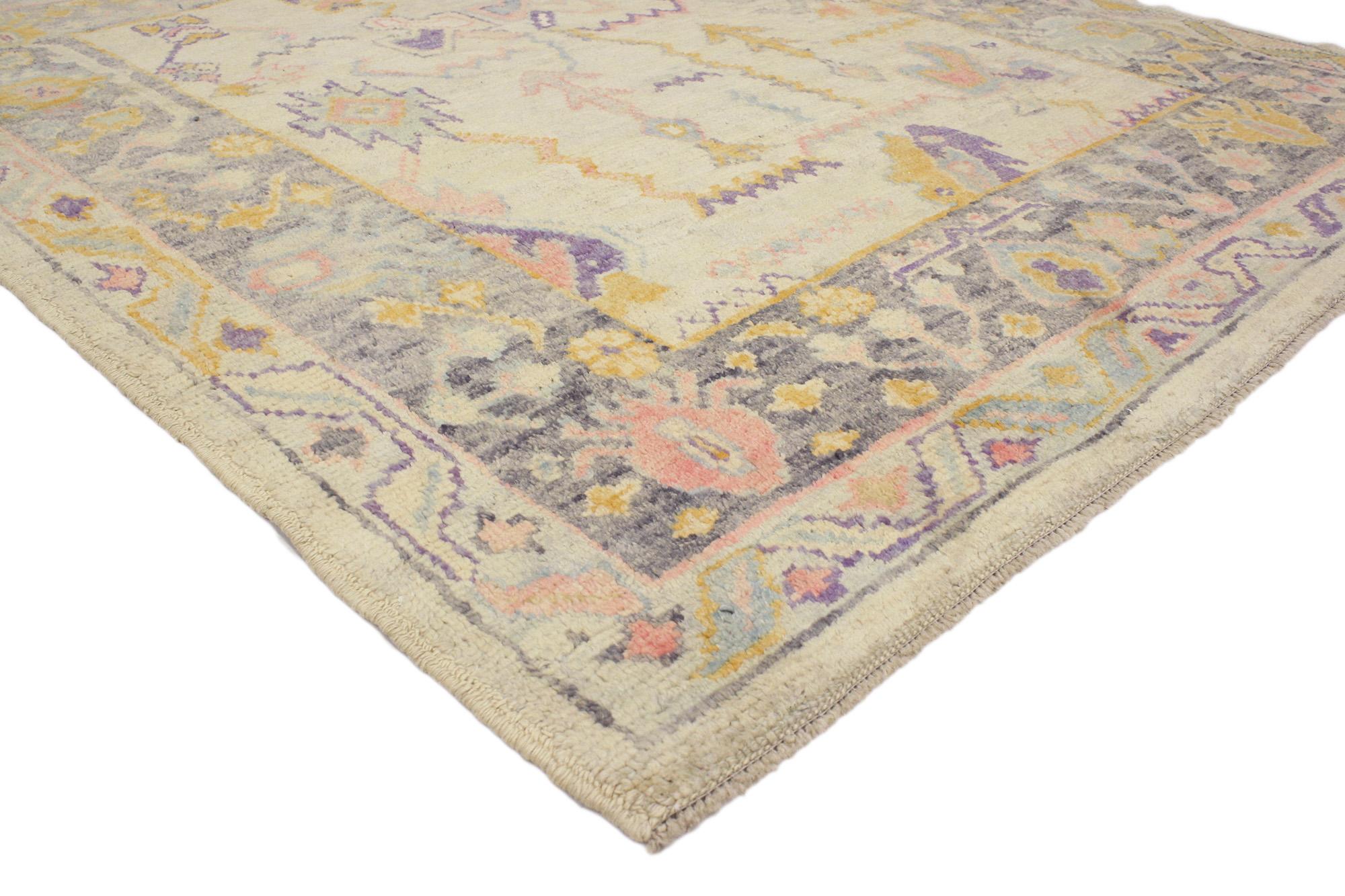 52160 New Colorful Turkish Oushak Rug, 05'09 x 06'08. In this hand-knotted wool Turkish Oushak rug, Anatolian elegance seamlessly merges with tribal enchantment, enhanced by a touch of boho chic. As a contemporary interpretation of timeless design,