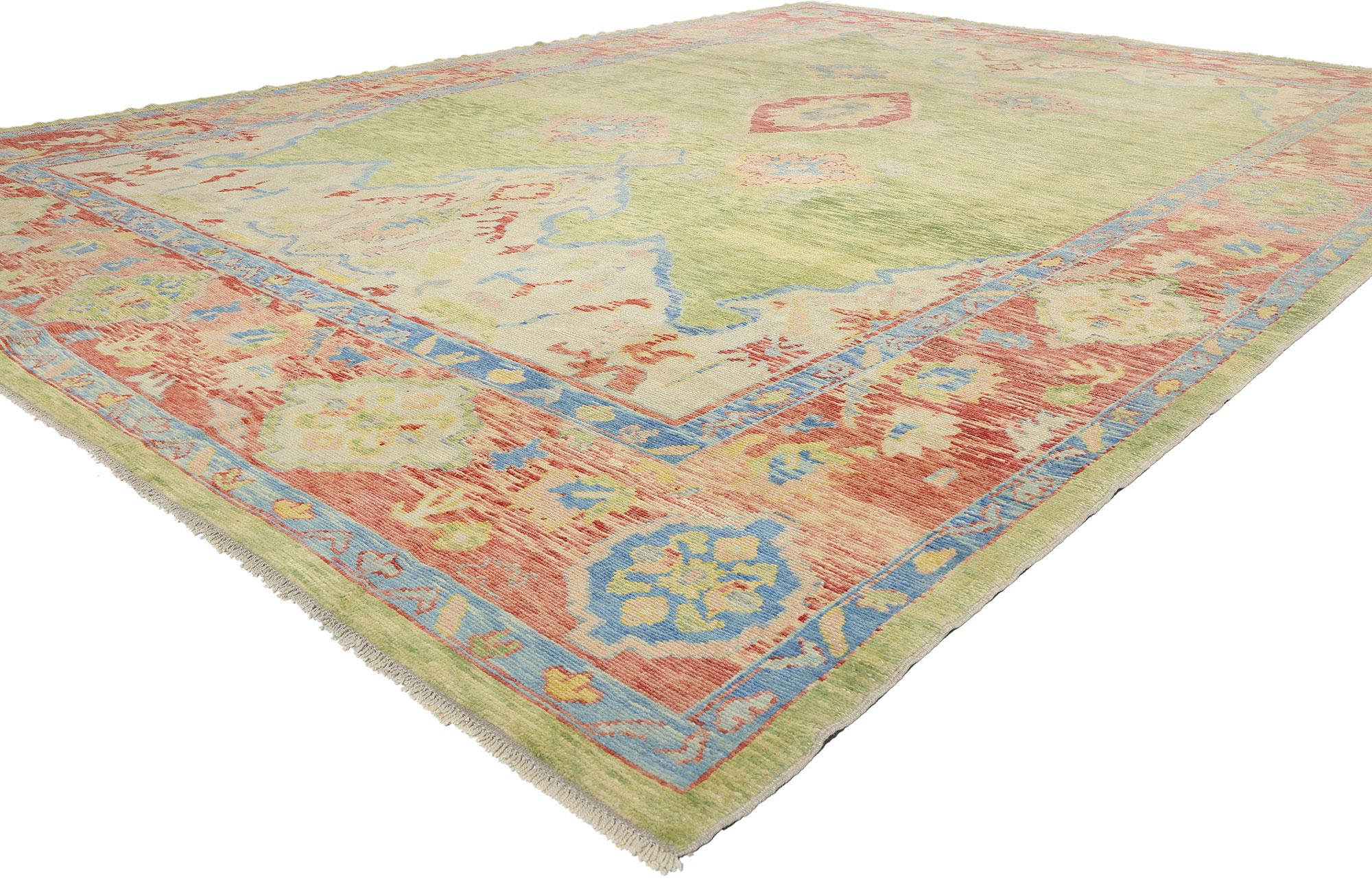 53976 New Modern Green Turkish Oushak Rug, 11'06 x 16'01. This hand-knotted wool modern green Turkish Oushak rug is a testament to the enduring artistry and craftsmanship of Anatolia, blending traditional motifs with a contemporary palette. The