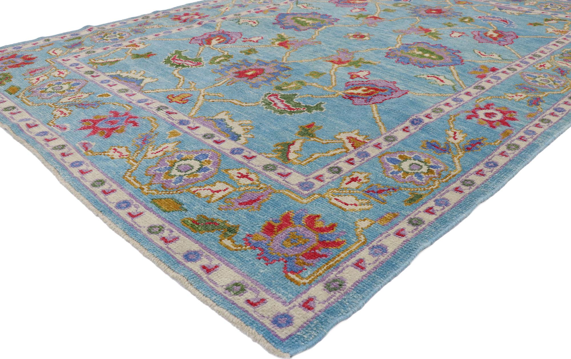 53462, new contemporary colorful Turkish Oushak rug with Eclectic Parisian style. Blending elements from the modern world with a vibrant color palette, this hand knotted wool contemporary Turkish Oushak rug is poised to impress. It features an