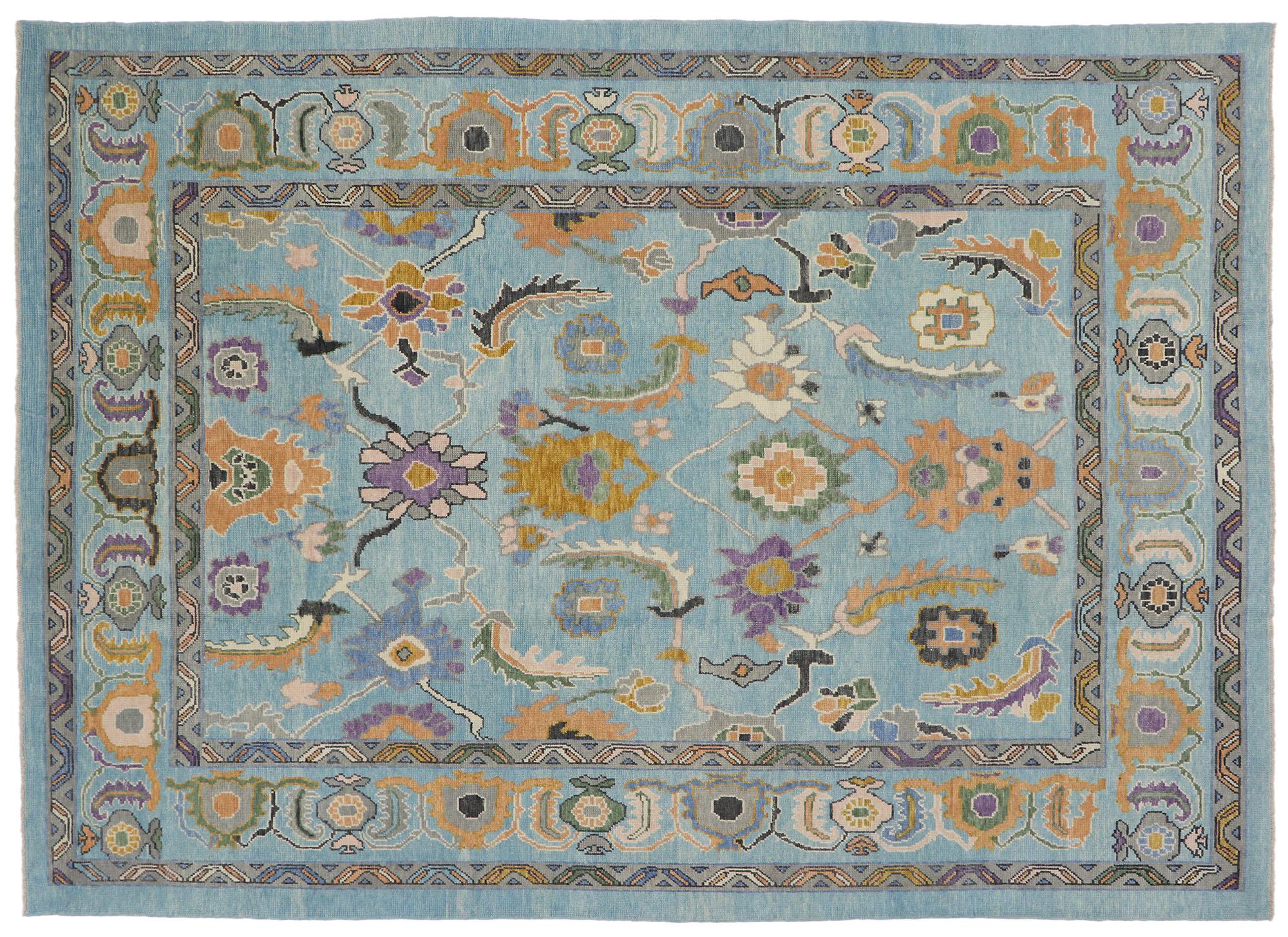 Zeitgenössischer farbenfroher türkischer Oushak-Teppich mit eklektischem Pariser Stil im Angebot 2