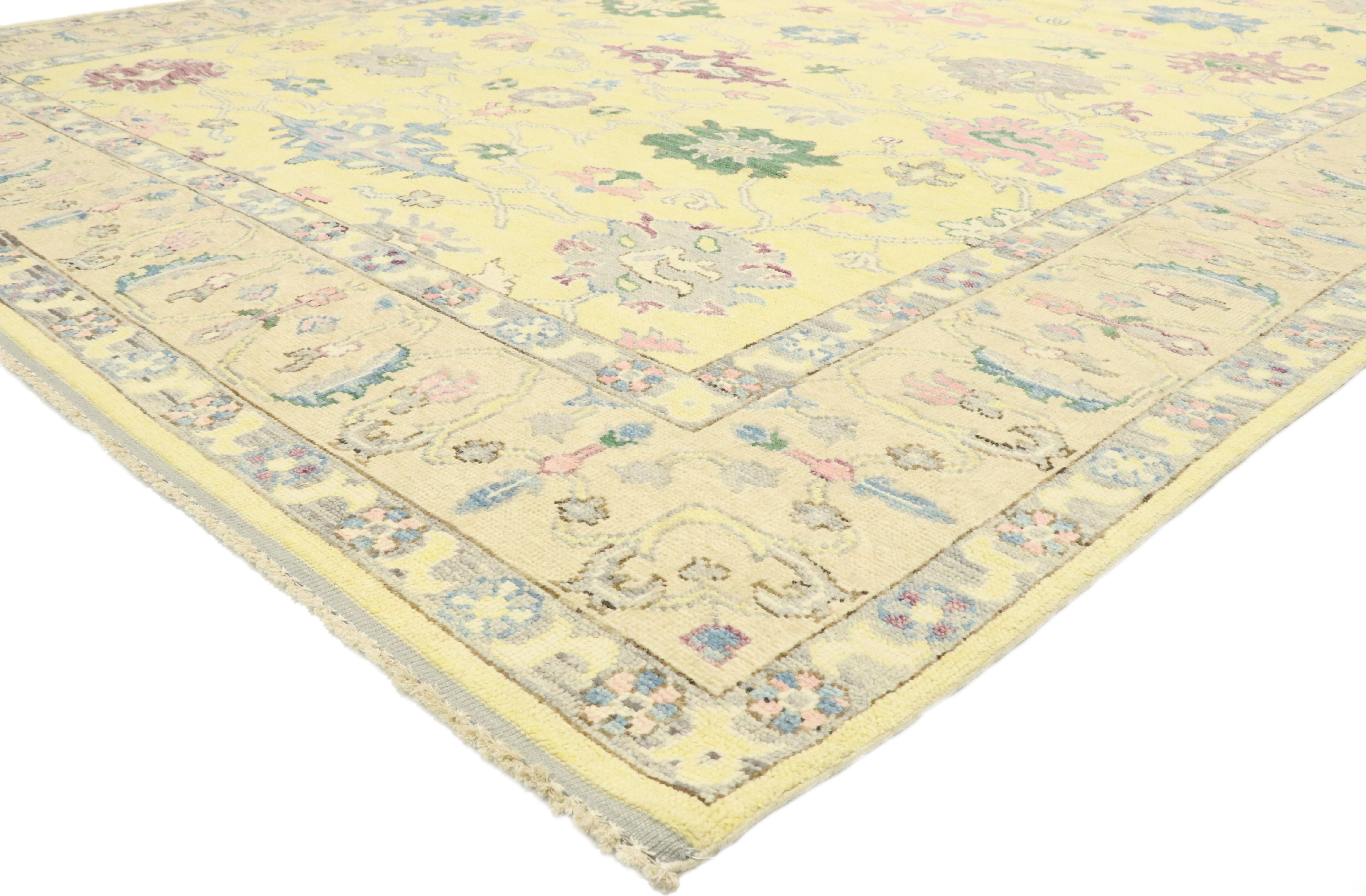 80601 New Contemporary Colorful Yellow Oushak rug with Modern Pastel style. Blending elements from the modern world with pastel colors, this hand knotted wool contemporary Oushak style area rug will boost the coziness factor in nearly any space. The