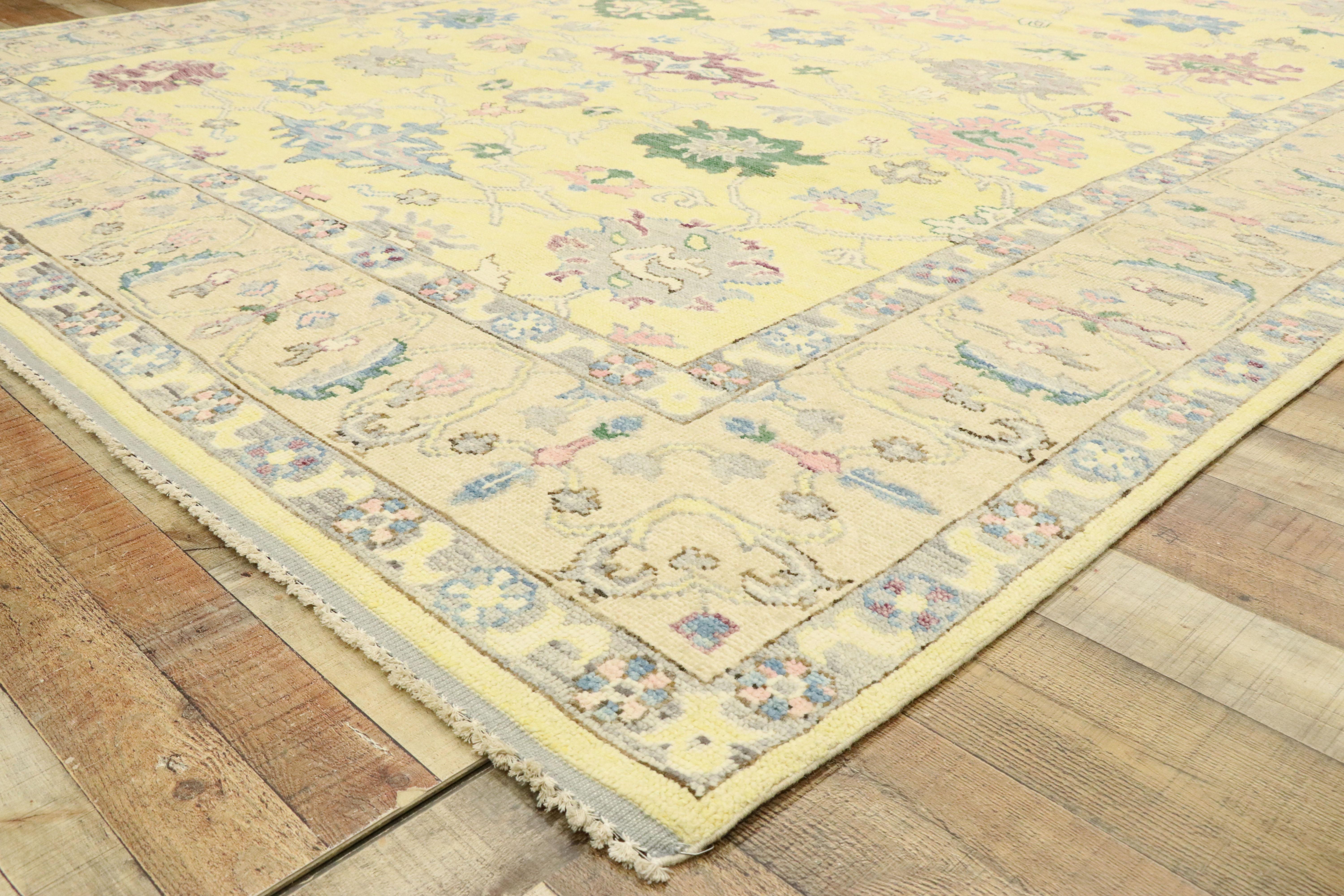 Pakistani New Contemporary Colorful Yellow Oushak Rug with Modern Pastel Style