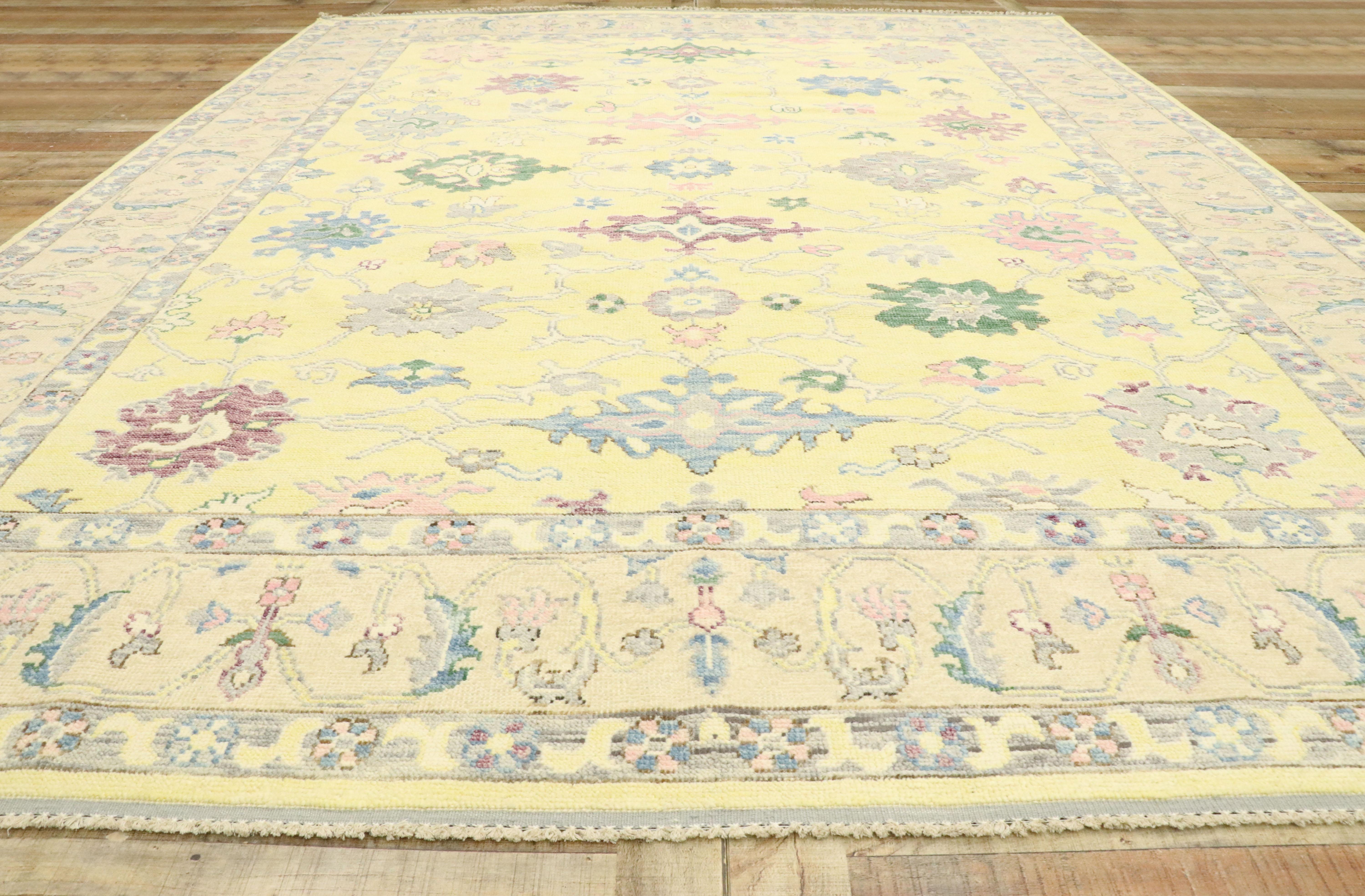 Hand-Knotted New Contemporary Colorful Yellow Oushak Rug with Modern Pastel Style