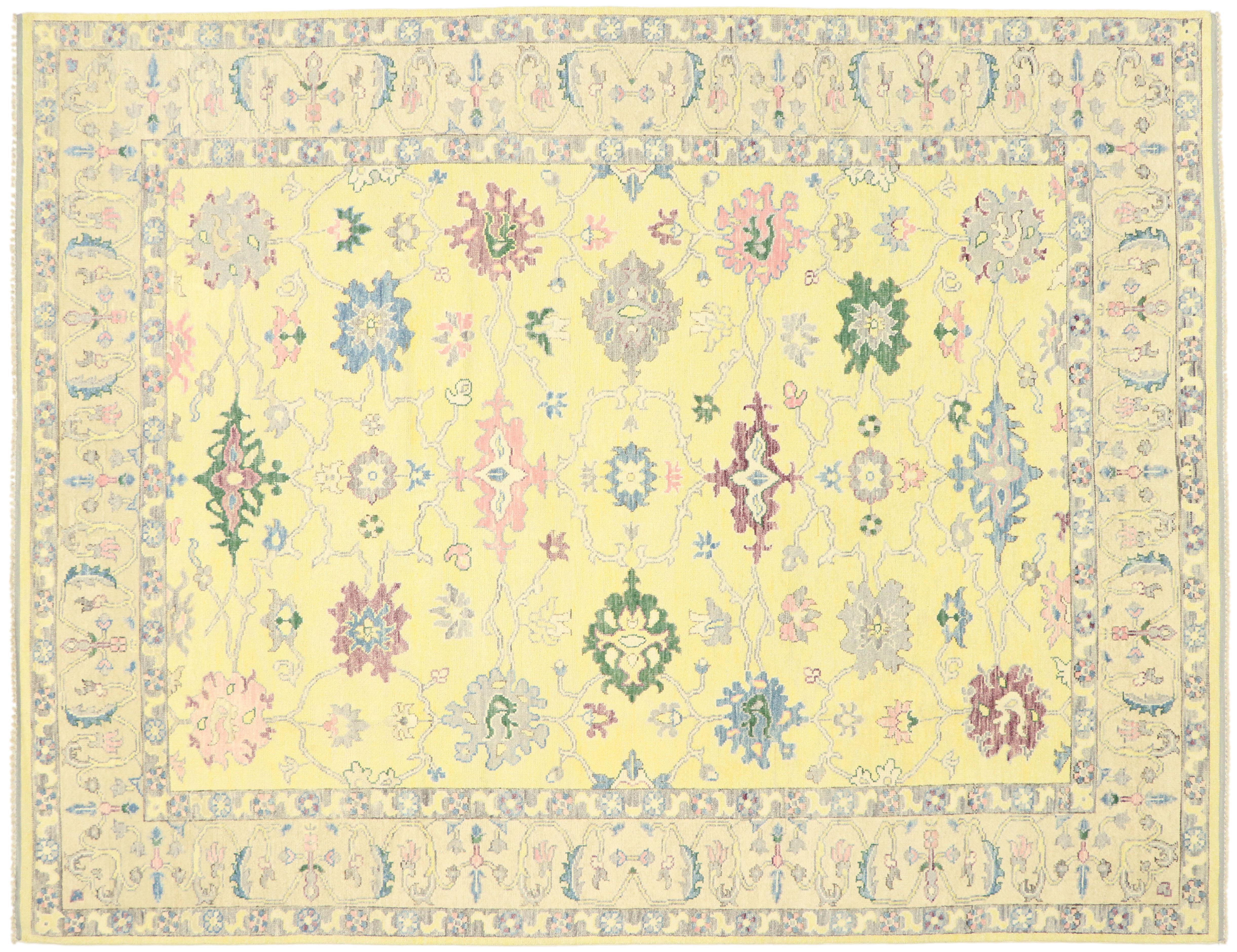 Wool New Contemporary Colorful Yellow Oushak Rug with Modern Pastel Style