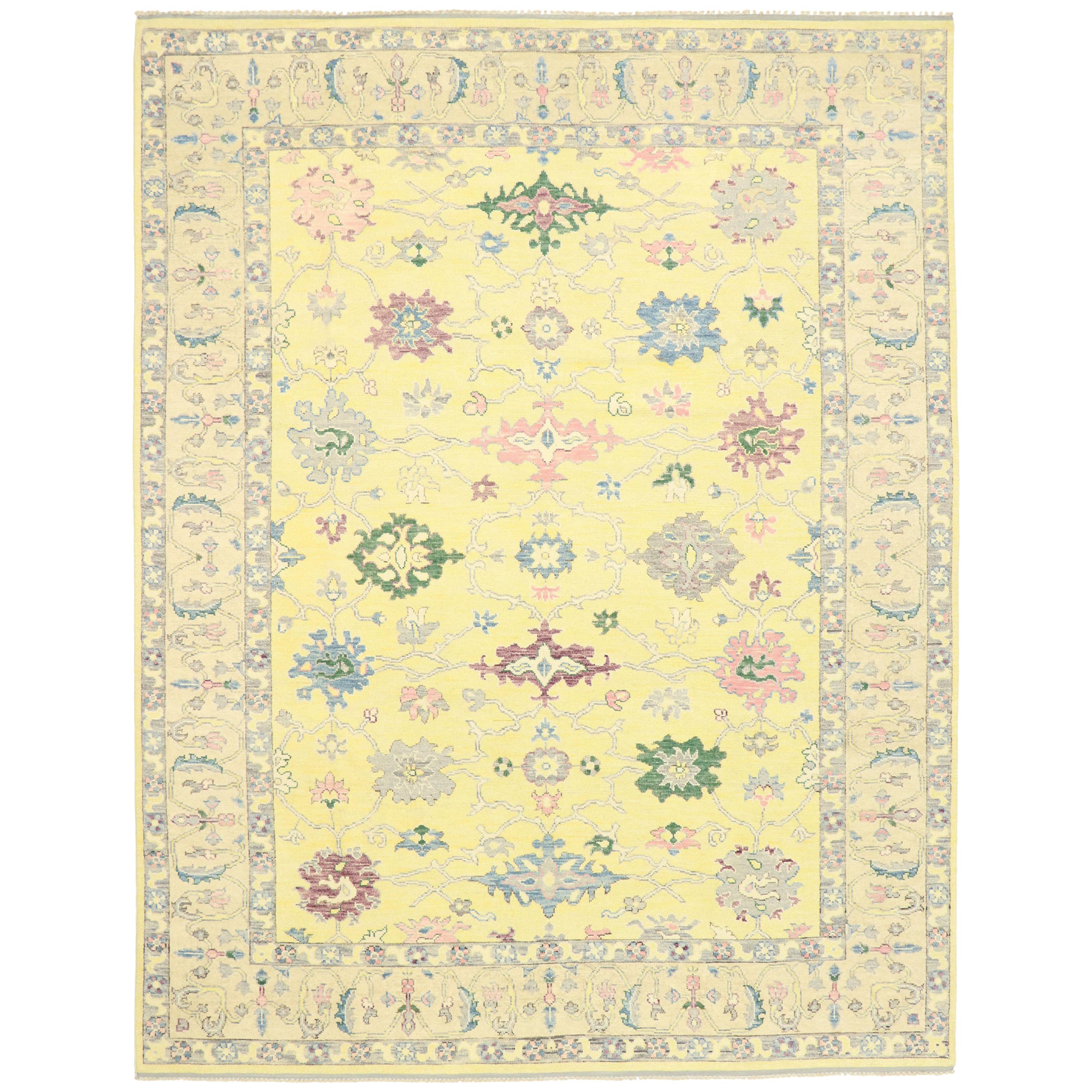 New Contemporary Colorful Yellow Oushak Rug with Modern Pastel Style