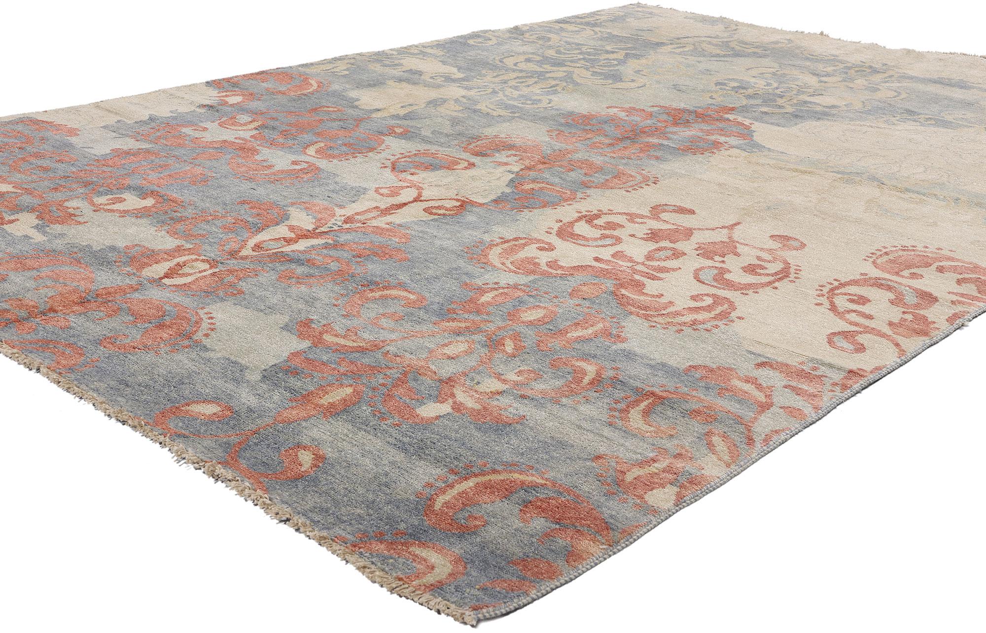 80743 New Contemporary Abstract Damask Rug, 06'03 x 09'05. A dance of color and pattern, this hand-knotted wool contemporary abstract damask rug from Pakistan unfolds like a tableau of memory and imagination. Echoes of old-world grandeur shimmer