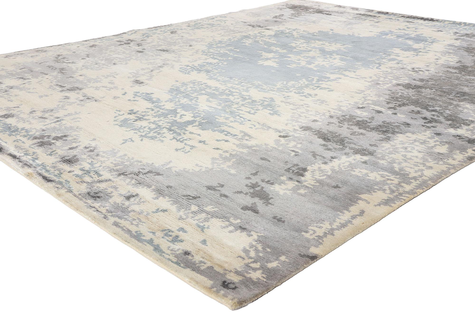 31137 Contemporary Abstract Erased Damask Rug, 07'10 x  09'07. Contemporary abstract damask rugs with an erased design, originating from India, blend traditional and abstract aesthetics through intricate damask patterns and a unique 