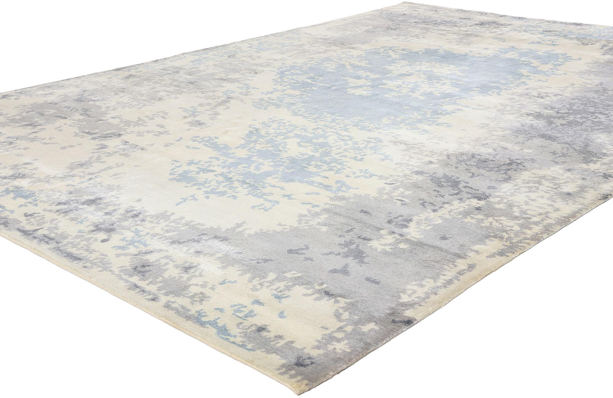 31138 Contemporary Abstract Erased Damask Rug, 06'07 x 09'08. Contemporary abstract damask rugs with an erased design, originating from India, blend traditional and abstract aesthetics through intricate damask patterns and a unique 