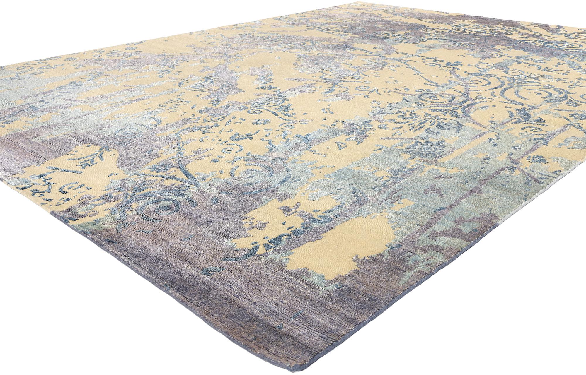 31014 Contemporary Abstract Damask Wool and Silk Rug, 09'01 x 12'00. Contemporary abstract damask rugs with an erased design, originating from India, seamlessly blend traditional and modern aesthetics through intricate patterns and a unique 