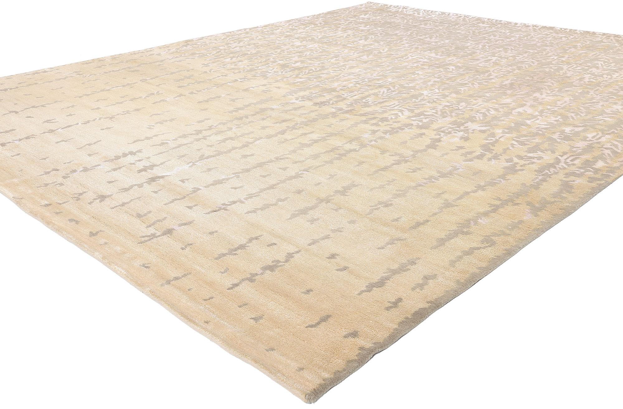 31135 Tappeto Damasco Moderno Cancellato, 08'02 x 10'00. Questo splendido tappeto in lana e seta annodato a mano è la perfetta incarnazione dell'eleganza contemporanea, con un motivo damascato astratto che fonde senza sforzo motivi tradizionali e