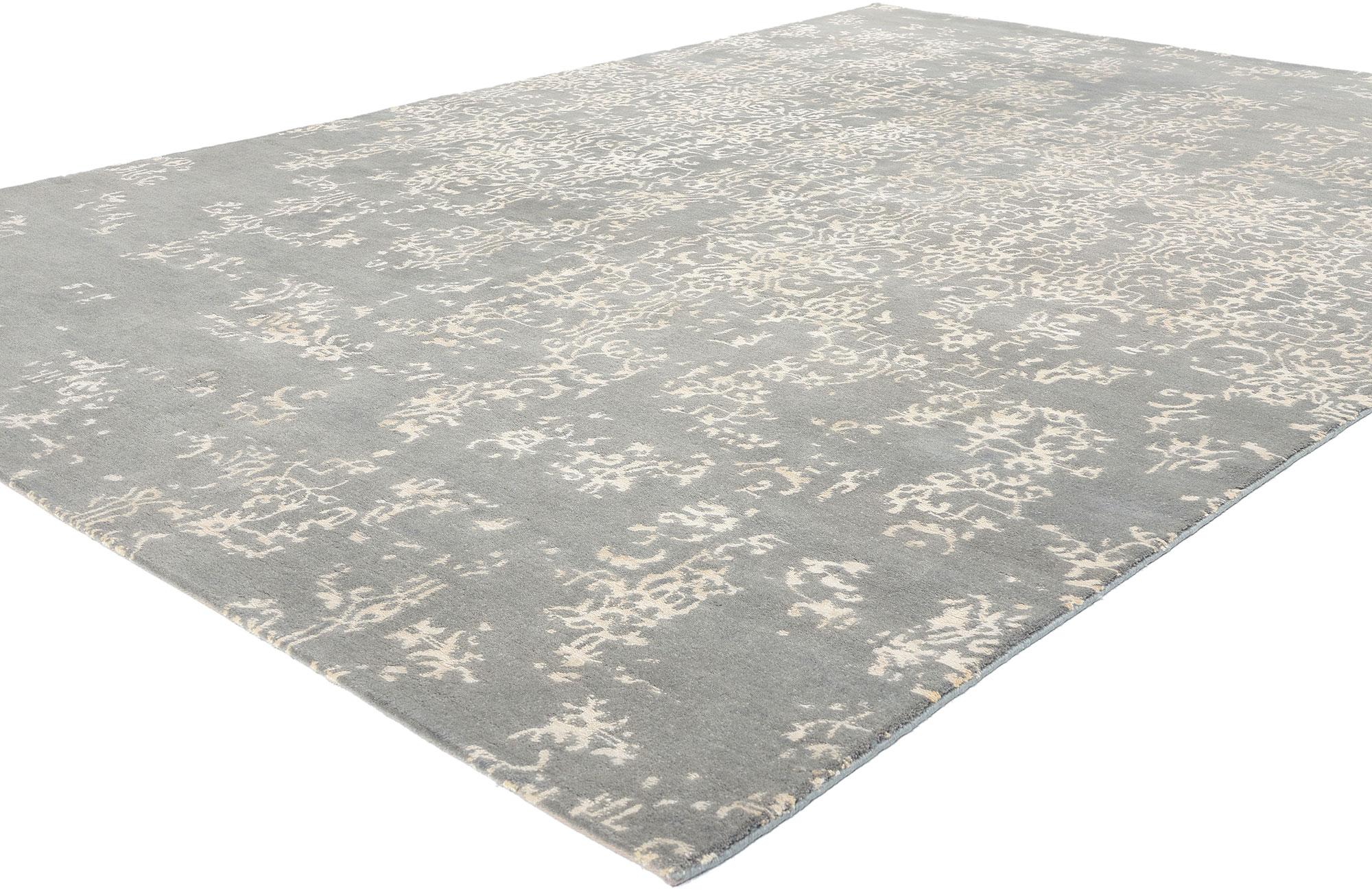 31146 Modern Gray Erased Damask Rug, 06'11 x 10'00. Contemporary modern damask rugs with an erased design, originating from India, blend traditional and modern aesthetics through intricate damask patterns and a unique 