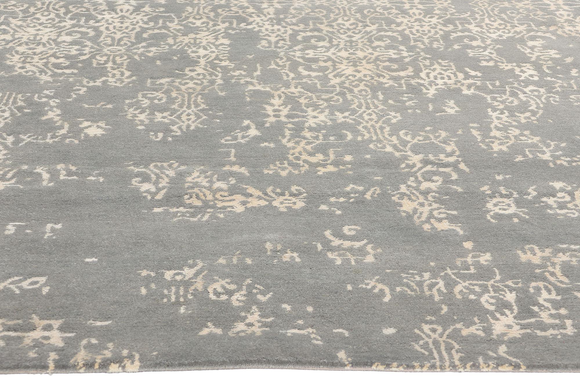 Indian New Contemporary Damask Wool and Silk Area Rug with Victorian Elegance For Sale