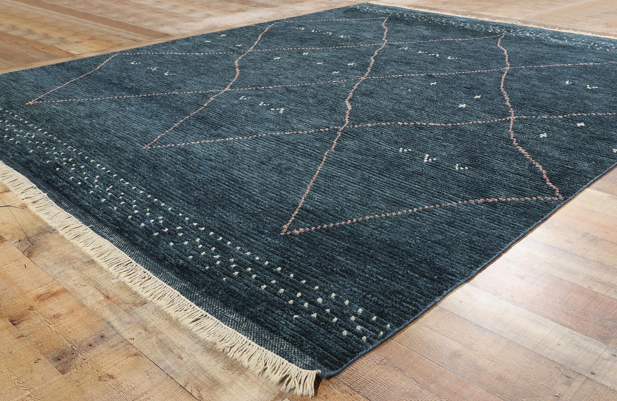 Wool New Contemporary Dark Blue Moroccan Rug, Tribal Allure Meets Cozy Boho Chic For Sale