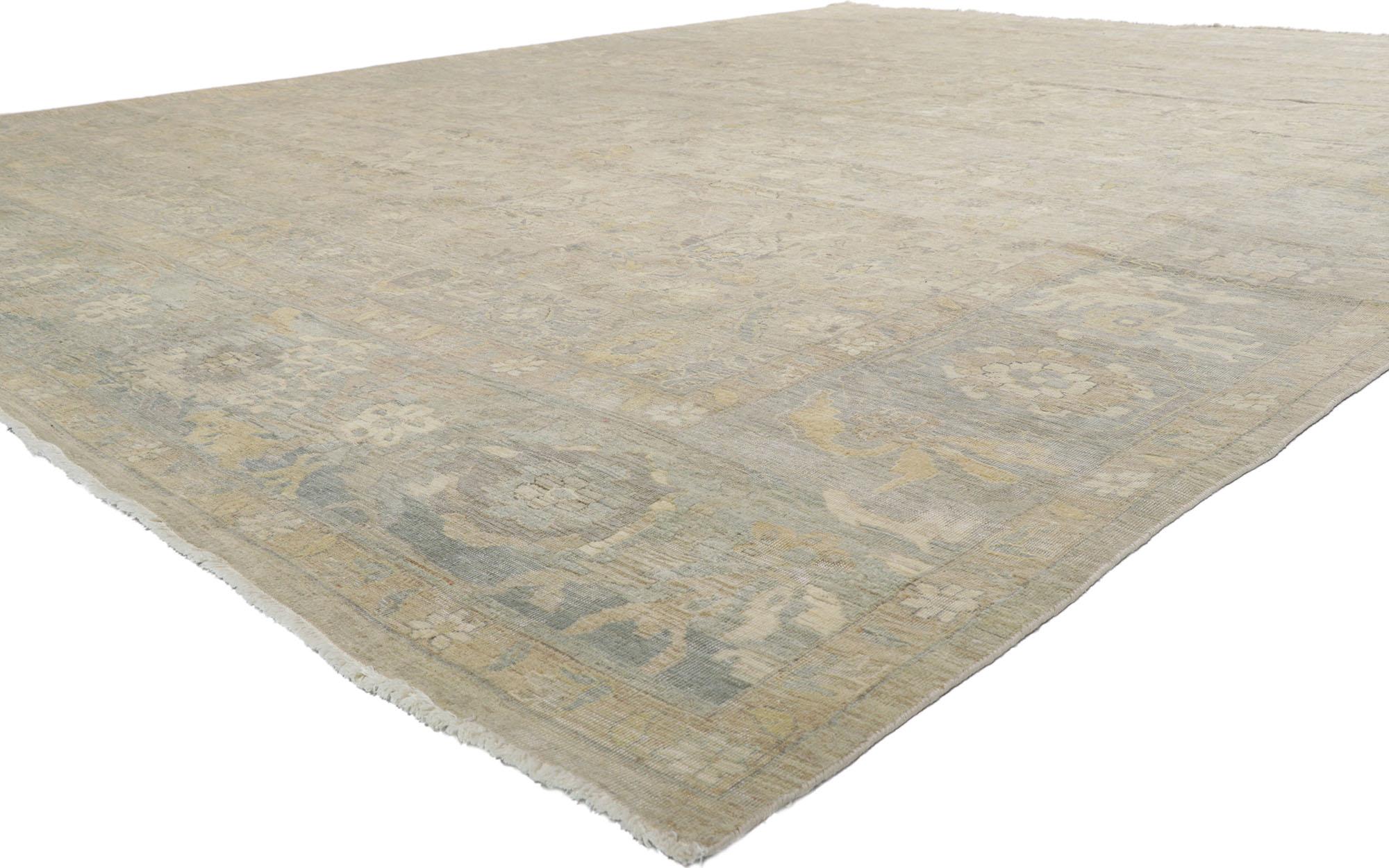 30719 New Contemporary Distressed rug, 11'07 x 14'10. With its neutral colors and weathered beauty combined with nostalgic charm, this new contemporary distressed rug creates an inimitable warmth and calming ambiance. The geometric pattern and