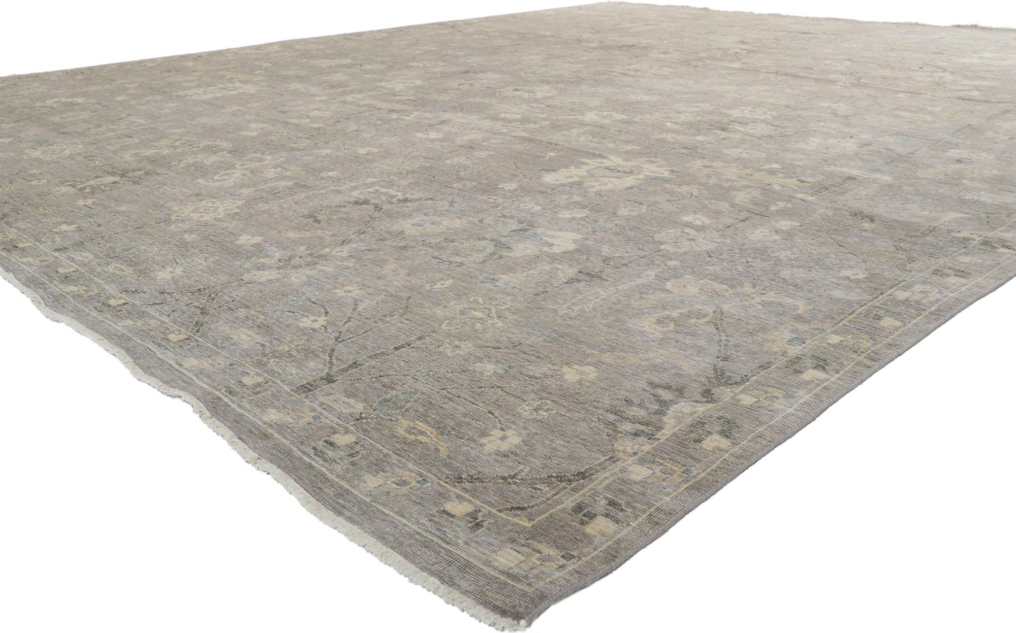 30718 New Contemporary Distressed rug, 11'10 x 14'08. With its neutral colors and weathered beauty combined with nostalgic charm, this new contemporary distressed rug creates an inimitable warmth and calming ambiance. The geometric pattern and