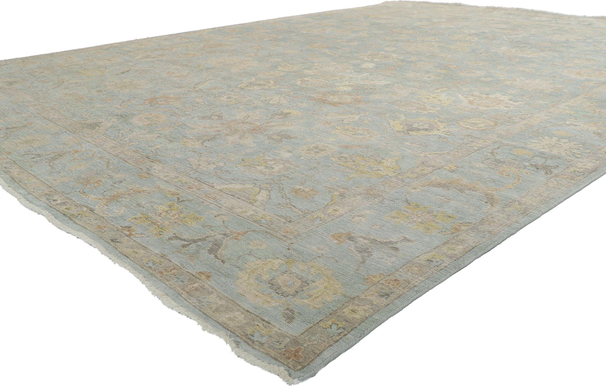 30707 Light Blue Modern Oushak Rug, 08'10 x 11'11. Indian Oushak rugs are a captivating fusion of traditional Turkish Oushak designs and the skilled craftsmanship of Indian artisans. Inspired by the renowned Oushak carpets from Turkey, these rugs