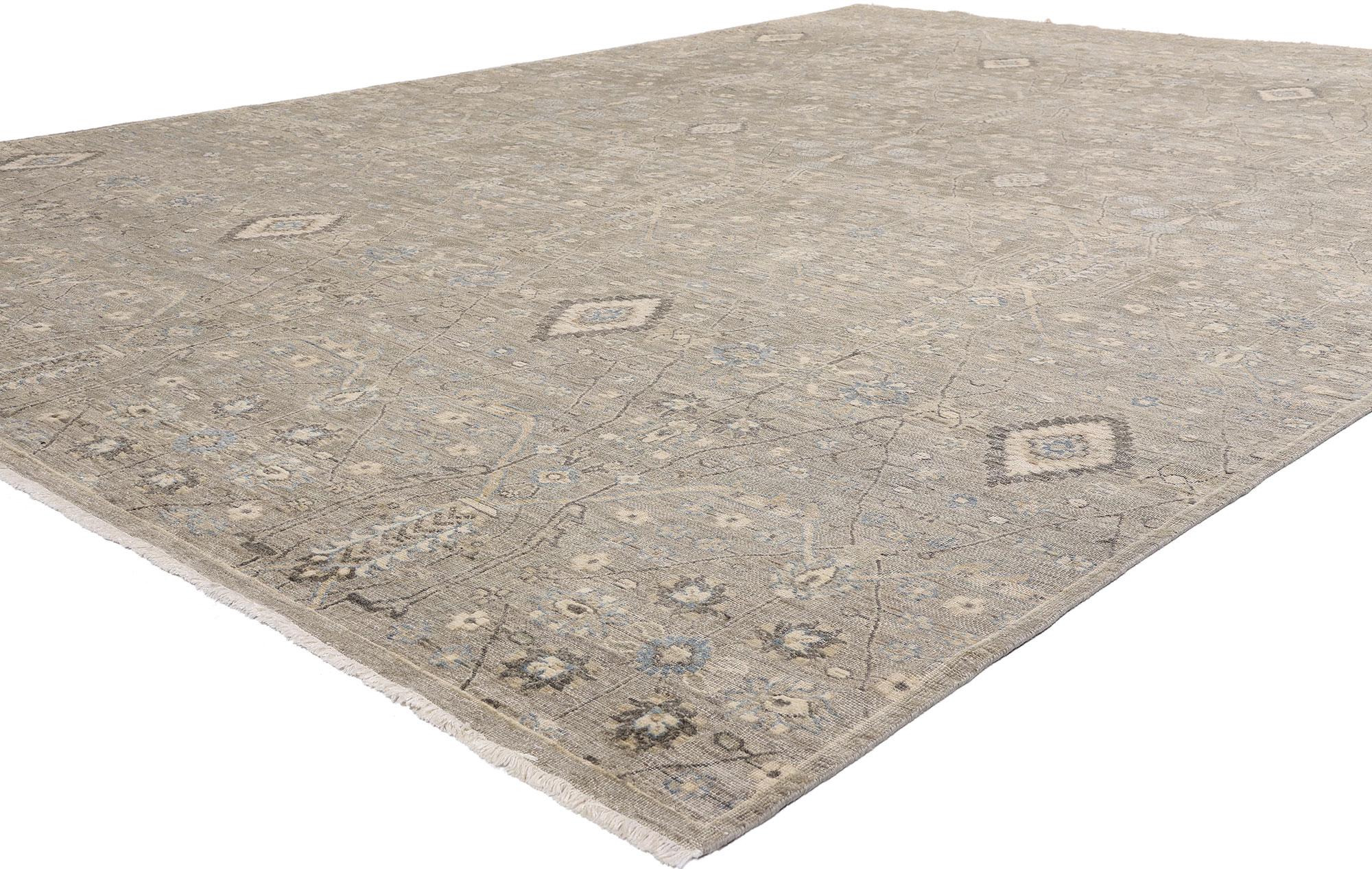 30712 New Contemporary Grey Oushak Rug, 09'04 x 13'09. Evoking the serene whisper of antiquity, this hand-knotted wool modern Oushak rug—meticulously woven in India—offers an experience steeped in quiet grandeur and understated luxury. Its soft,