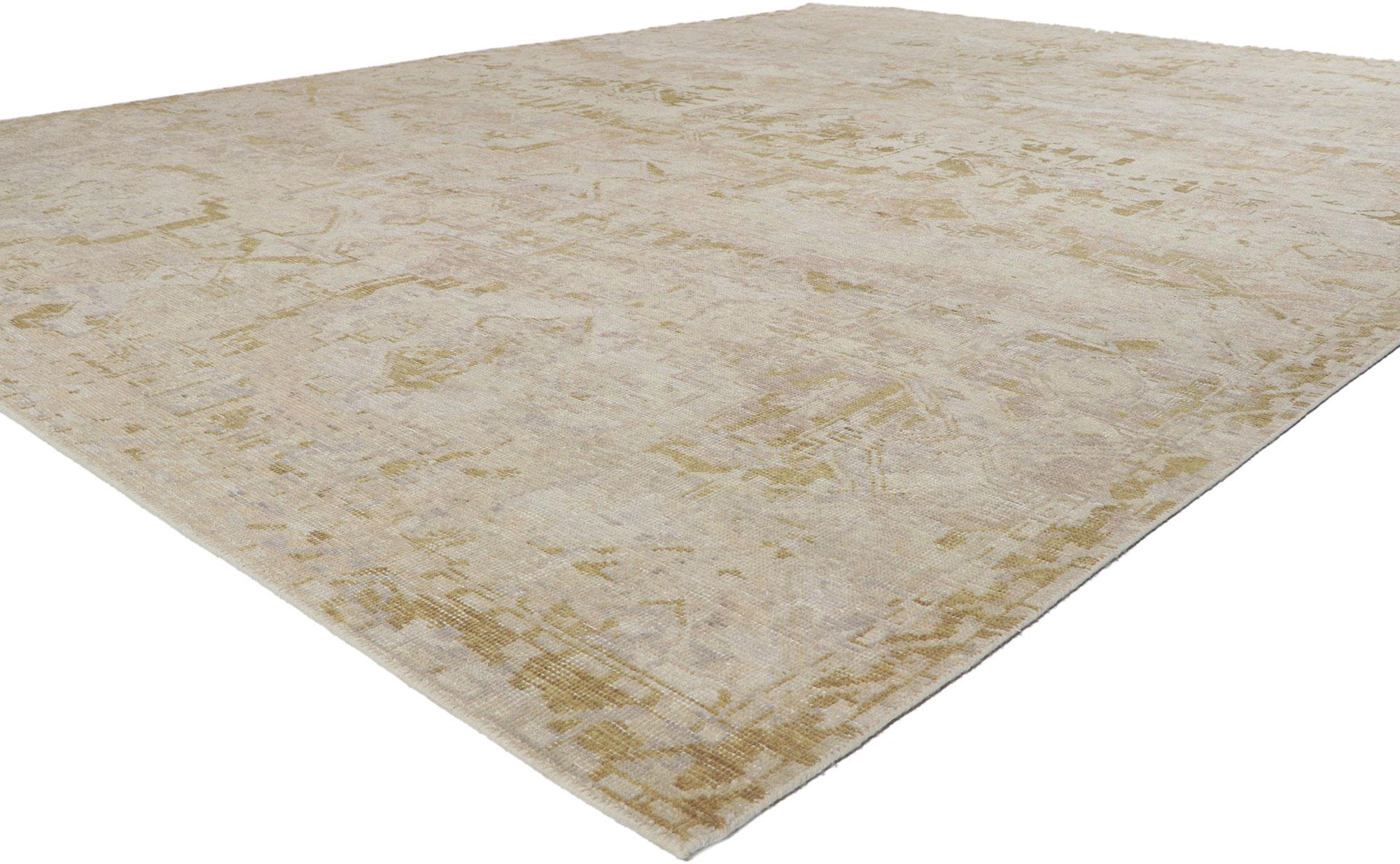 30788 New modern distressed rug with vintage style, 09'01 x 11'10. Emanating elegant sensibility and effortless beauty, this new contemporary distressed rug is a captivating vision of woven beauty. The eye-catching geometric pattern and neutral