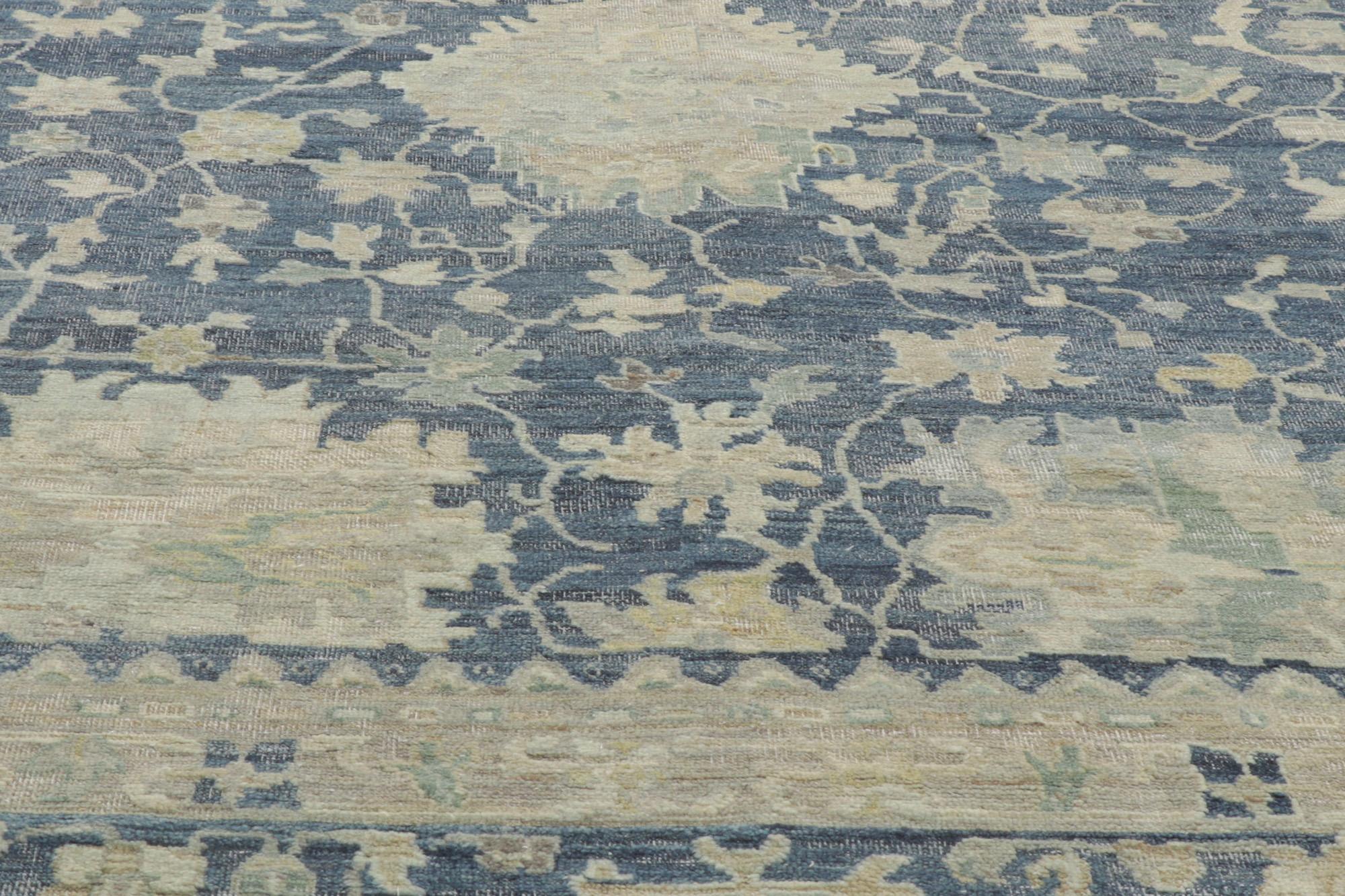 Indian New Vintage-Inspired Blue Distressed Rug, 09'08 x 13'09 For Sale