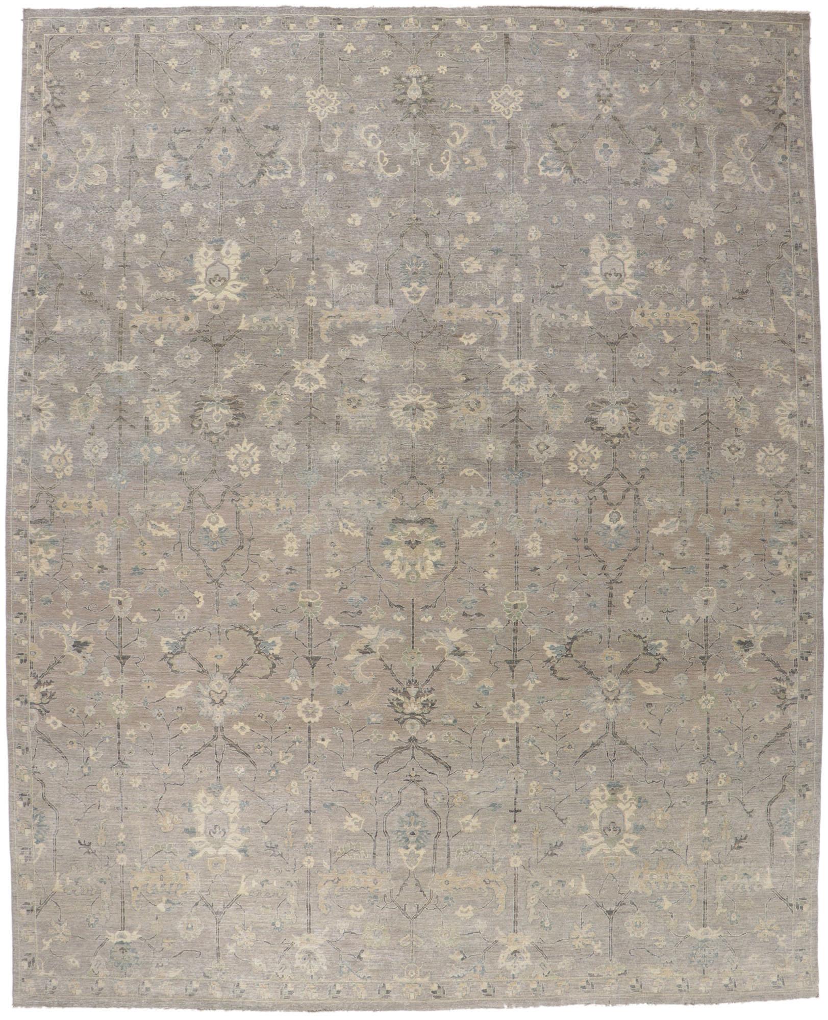 New Modern Gray Oushak Carpet with Transitional Style For Sale 1