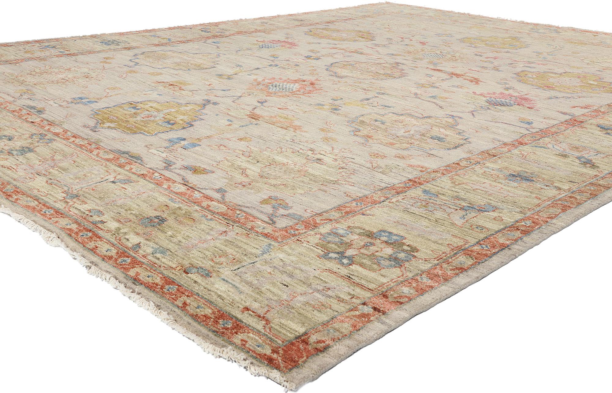 31078 Modern Earth-Tone Oushak Rug, 09'11 x 13'09. Step into the tranquil beauty of nature with this exquisite hand-knotted wool modern Oushak rug, a masterpiece that embodies the essence of biophilic design. Crafted in India, this luxurious rug