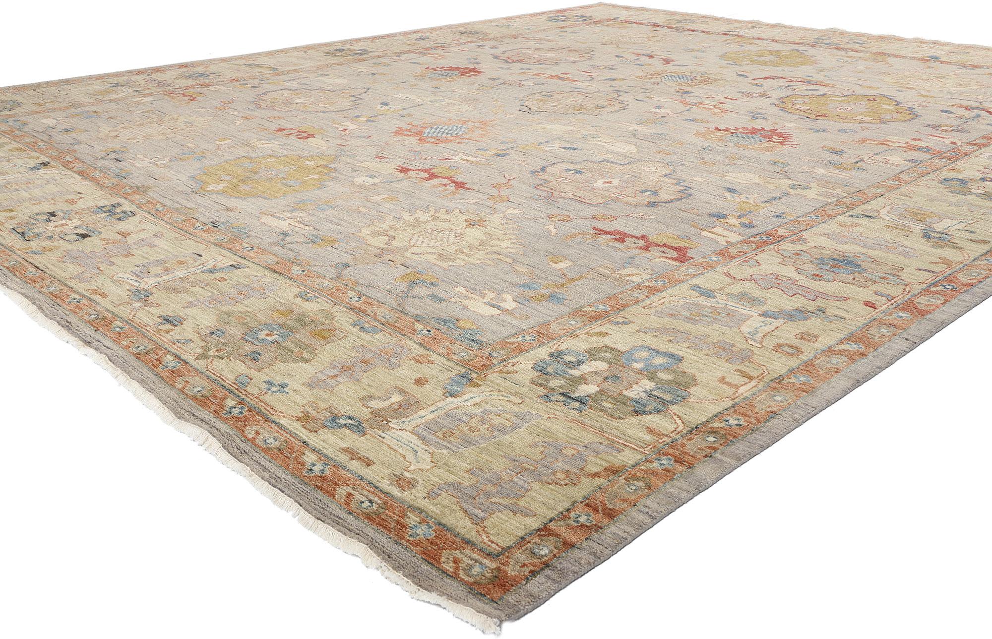 31075 Tappeto Oushak moderno in tonalità Terra, 12'00 x 14'08. Immergiti nella tranquilla bellezza della natura con questo squisito tappeto moderno Oushak in lana annodato a mano, un capolavoro che incarna l'essenza del Biophilic Design. Questo