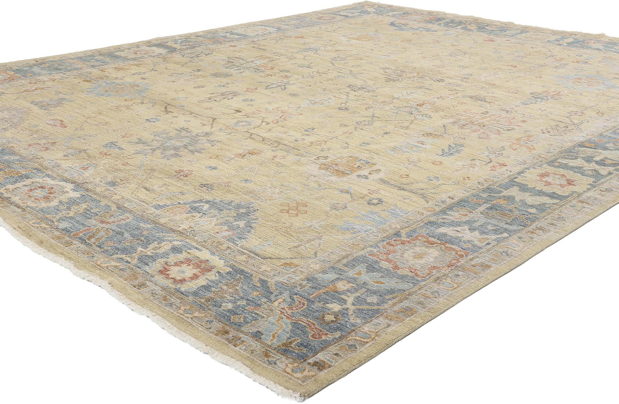 31065 Vintage-inspirierter moderner Oushak-Teppich, 07'11 x 09'11. Dieser bezaubernde, handgeknüpfte Oushak-Teppich aus Wolle im Vintage-Stil verbindet nahtlos nostalgischen Charme mit moderner Handwerkskunst und ist ein atemberaubendes Herzstück