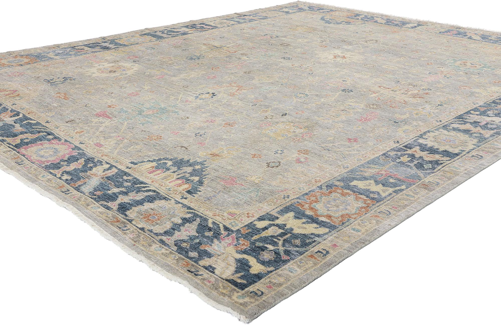 31066 Vintage-inspirierter moderner grauer Oushak-Teppich, 08'00 x 09'11. Moderne indische Oushak-Teppiche, die in Indien handgeknüpft werden, sind von traditionellen anatolischen Designs inspiriert. Sie zeigen großflächige botanische Muster,