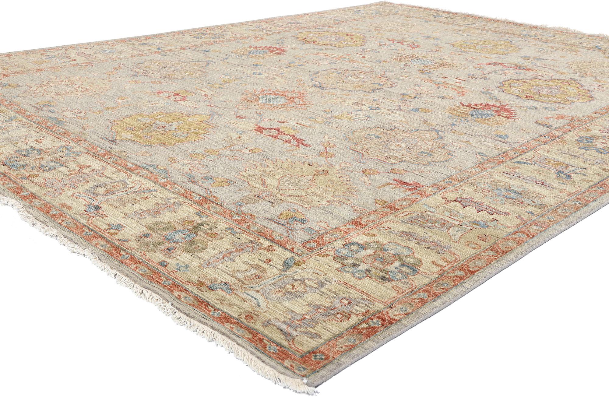31055 Modern Earth-Tone Oushak Rug, 08'11 x 11'10. Step into the tranquil beauty of nature with this exquisite hand-knotted wool modern Oushak rug, a masterpiece that embodies the essence of Biophilic Design. Crafted in India, this luxurious rug