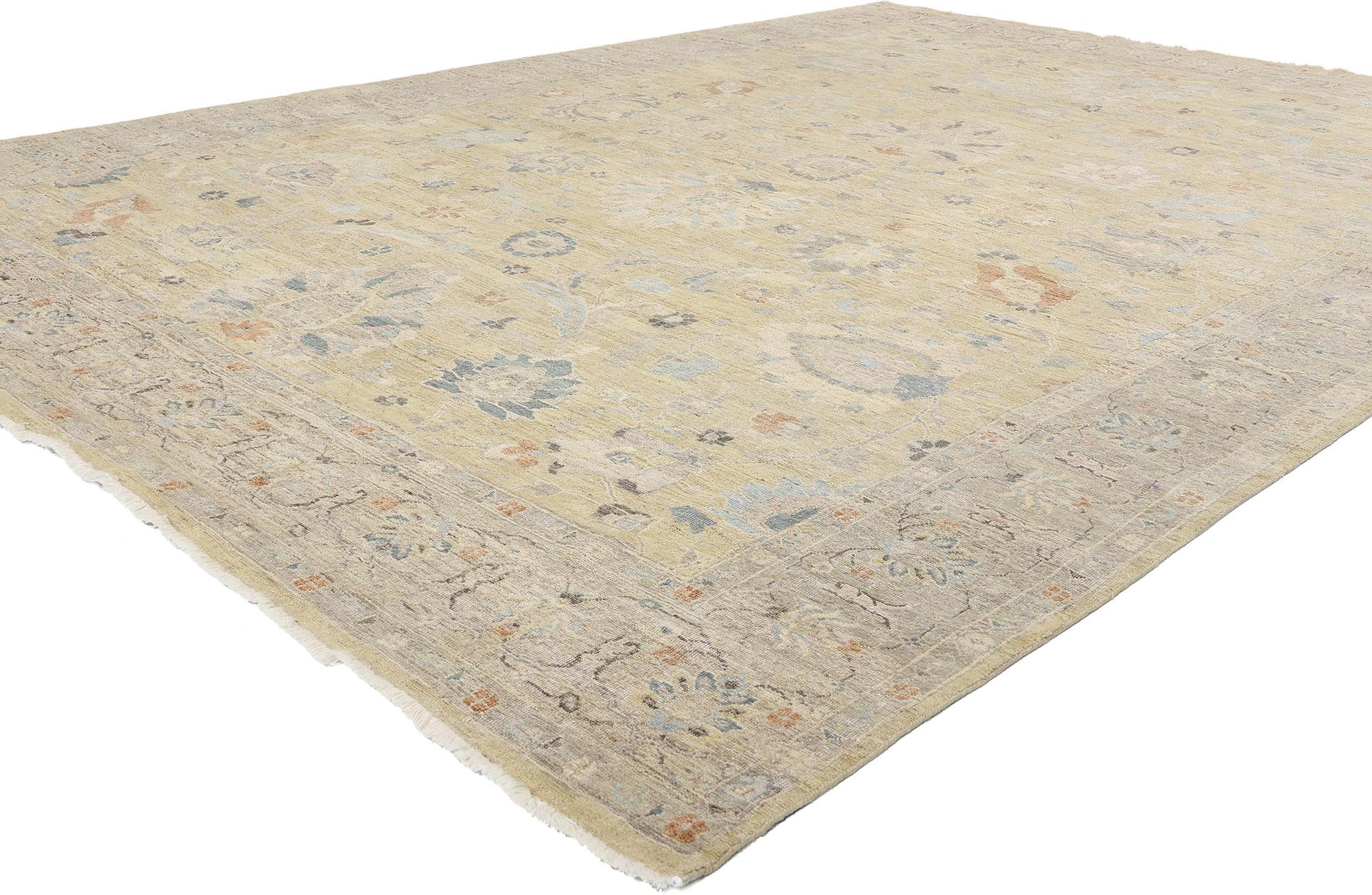 31056 Modern Earth-Tone Oushak Rug, 08'10 x 12'01. Immerse yourself in a world where nature meets nobility with this hand-knotted wool modern Oushak rug, a rarefied expression of biophilic elegance crafted in the heart of India. This one-of-a-kind