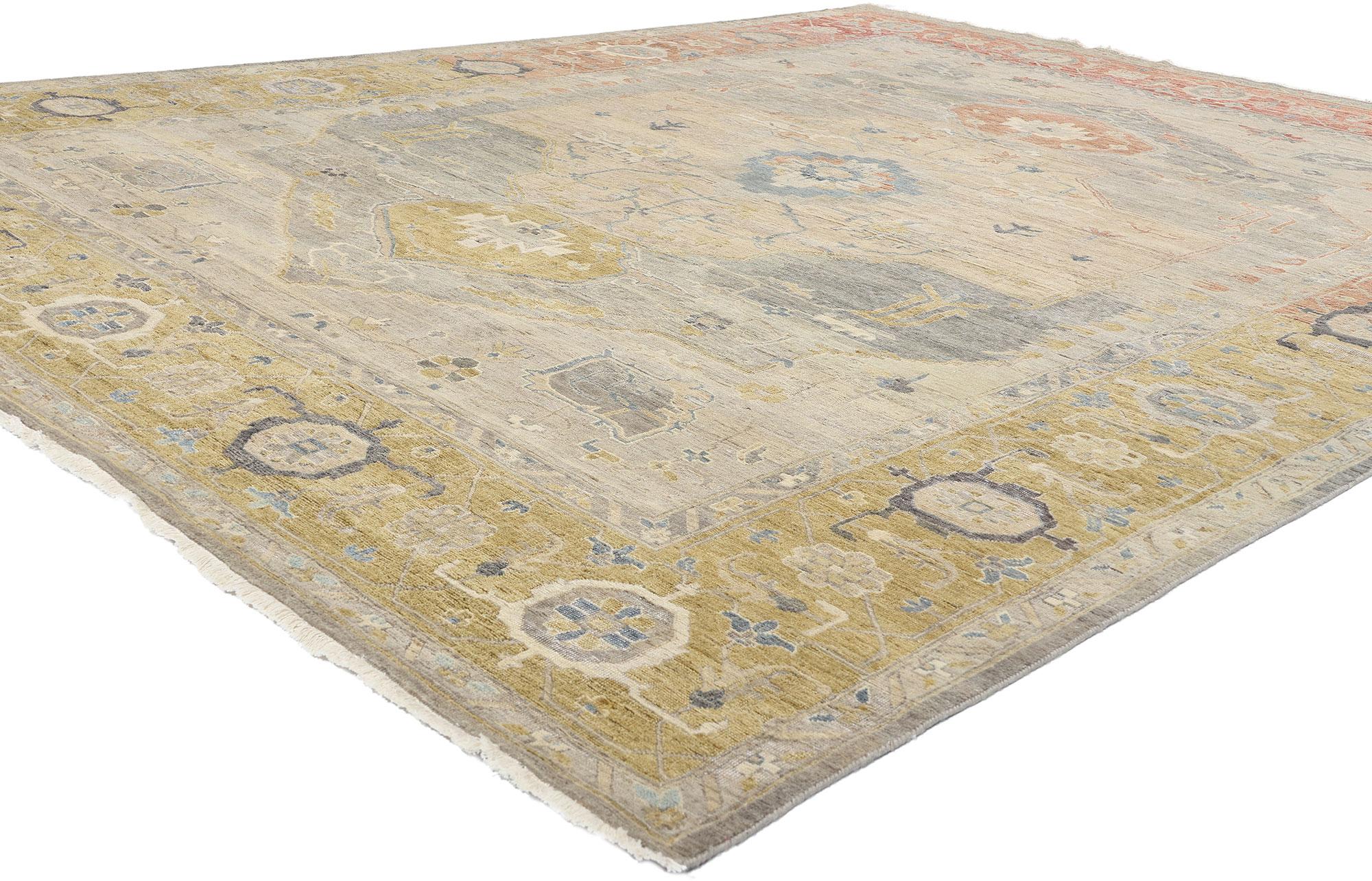 31054 Moderner erdfarbener Oushak-Teppich, 08'11 x 11'10.
Treten Sie ein in die heitere Umarmung der Natur mit diesem exquisiten, handgeknüpften, modernen, erdfarbenen Oushak-Teppich aus Wolle, einer wahren Verkörperung des biophilen Designs. Dieser