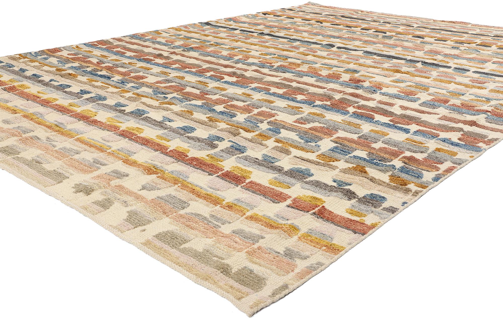 81156 New Modern Earthly Reflections High-Low Textured Rug, 08'10 x 12'02. Dieser moderne, handgewebte Wollteppich Earthly Reflections High-Low Textured Pakistani Kilim Rug ist ein Meisterwerk der Kunst und Handwerkskunst, das traditionelle