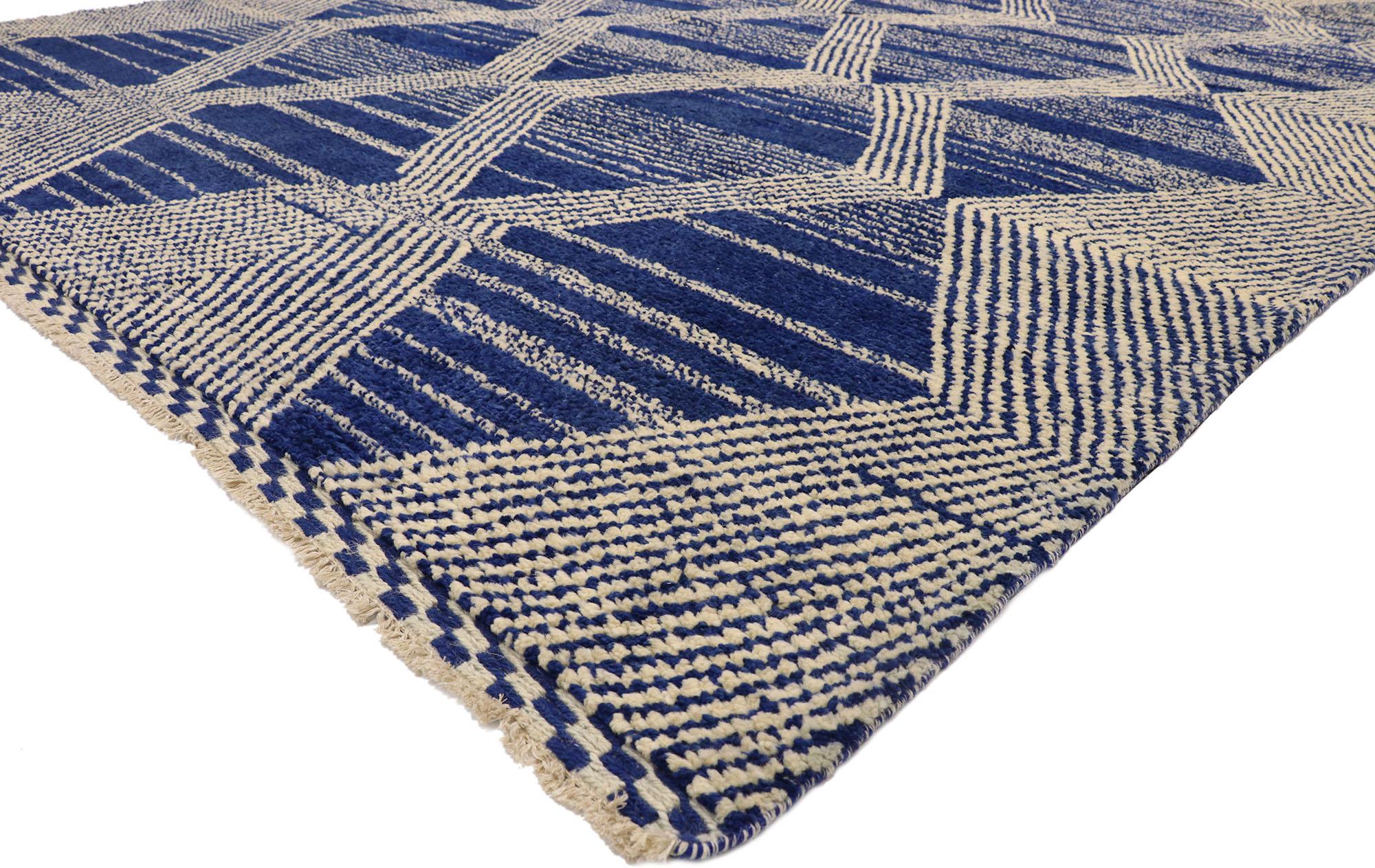 80563 Modern Style Blue Moroccan Area Rug, 10'00 x 13'11.
Cozy nomad meets Deconstructivist style in this hand knotted wool Moroccan area rug. The conceptual design elements and visually striking colors woven into this piece work together creating a