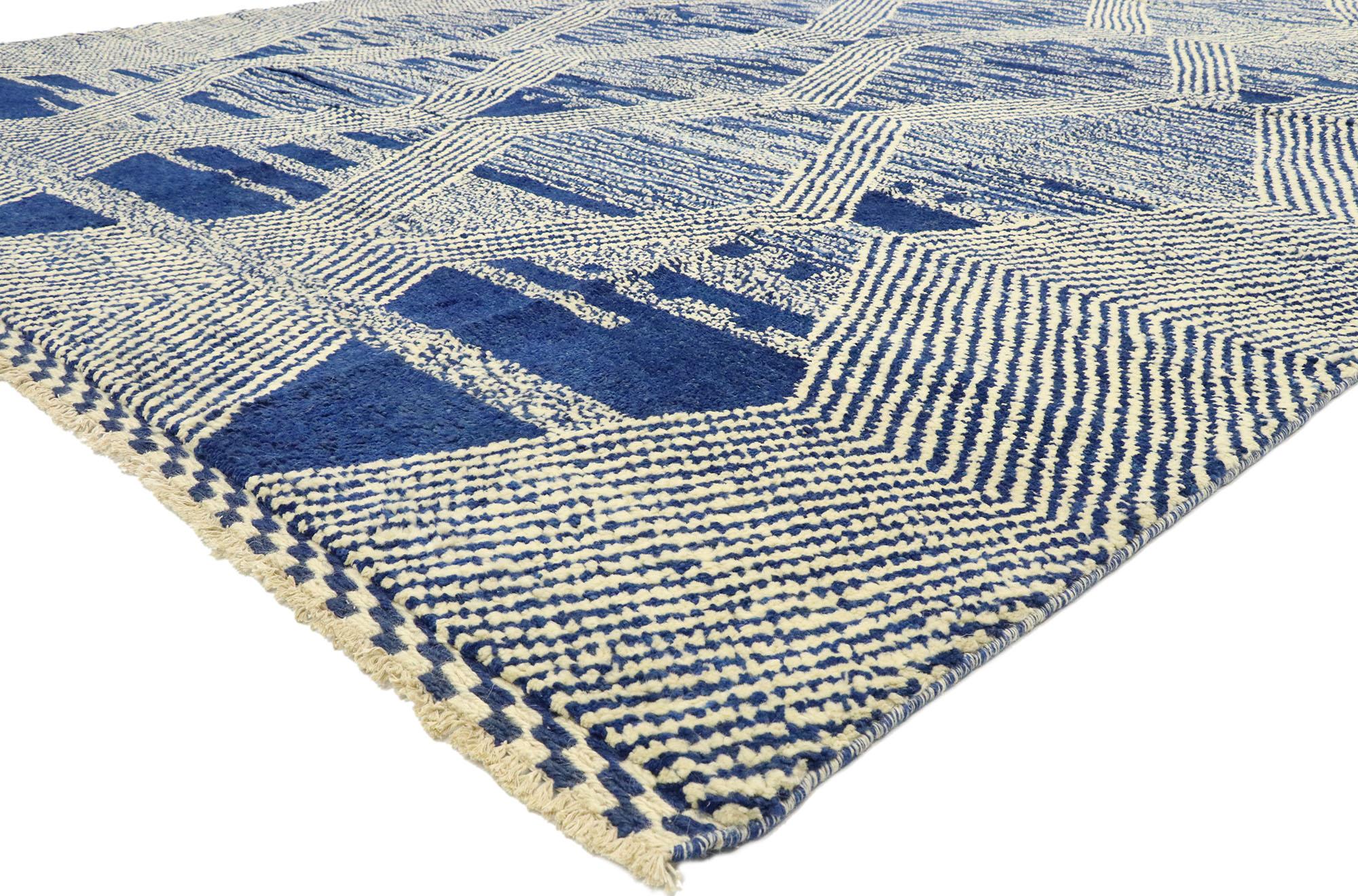80586 Modern Style Blue Moroccan Rug, 10'05 x 14'01.
Deconstructivism meets cozy nomad in this hand knotted wool Moroccan style rug. The conceptual design elements and visually stirking colors woven into this piece work together creating a modernist