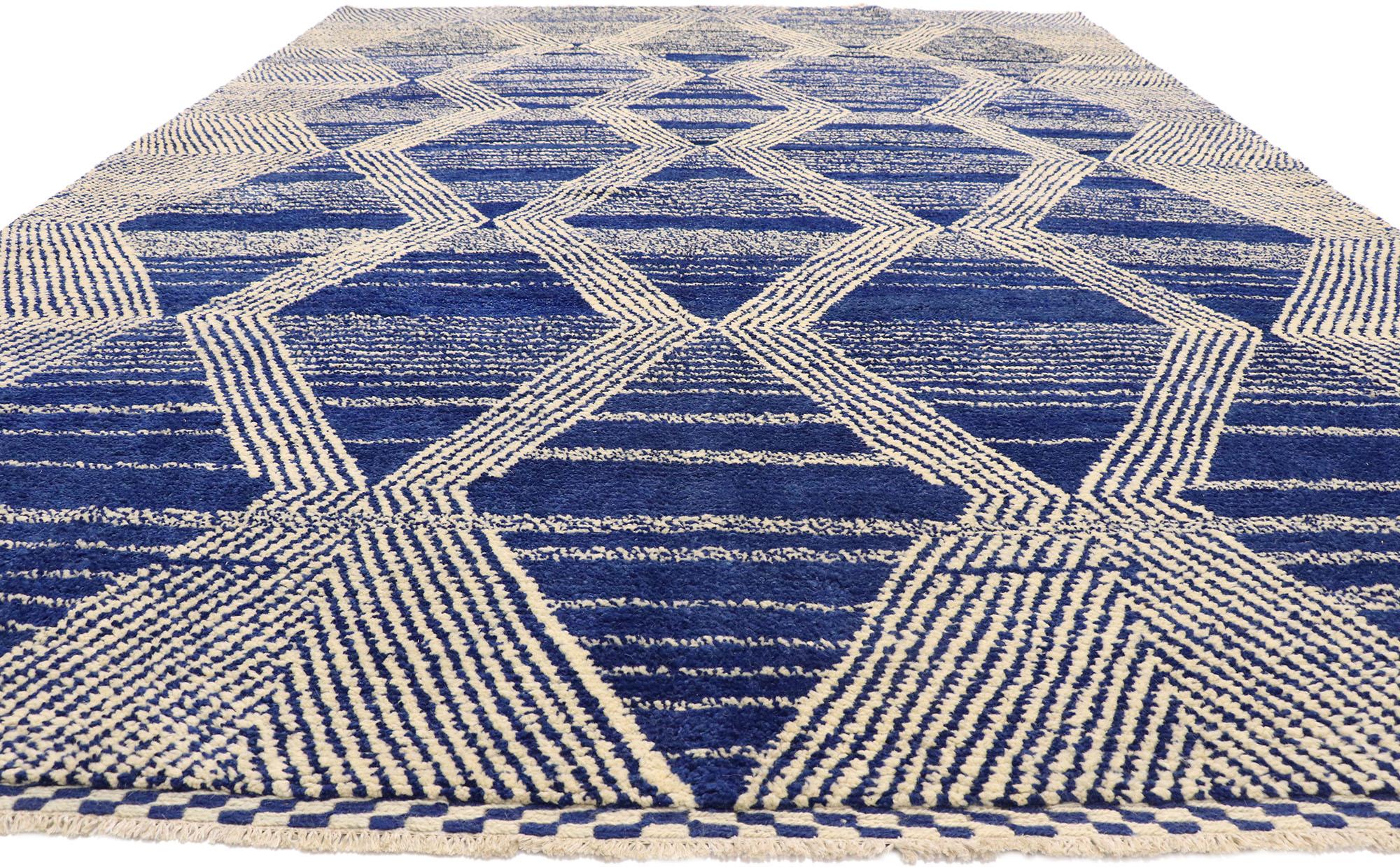 Post-Modern Large Blue Modern Moroccan Rug, Cozy Nomad Meets Deconstructivist Style For Sale