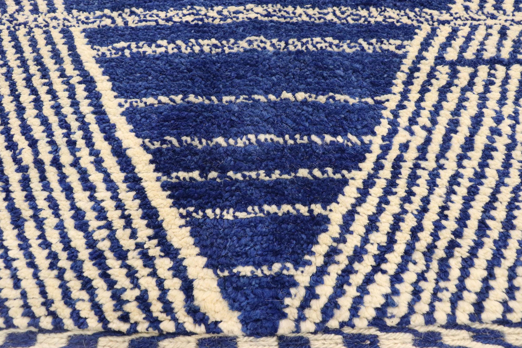 Pakistani Large Blue Modern Moroccan Rug, Cozy Nomad Meets Deconstructivist Style For Sale