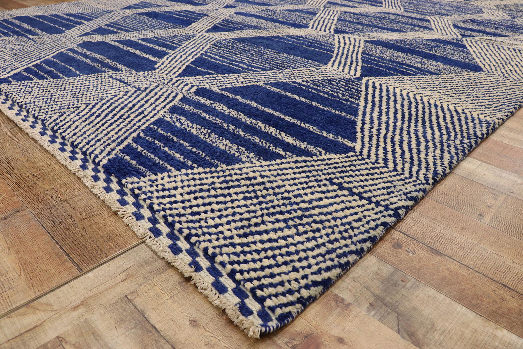 Large Blue Modern Moroccan Rug, Cozy Nomad Meets Deconstructivist Style In New Condition For Sale In Dallas, TX